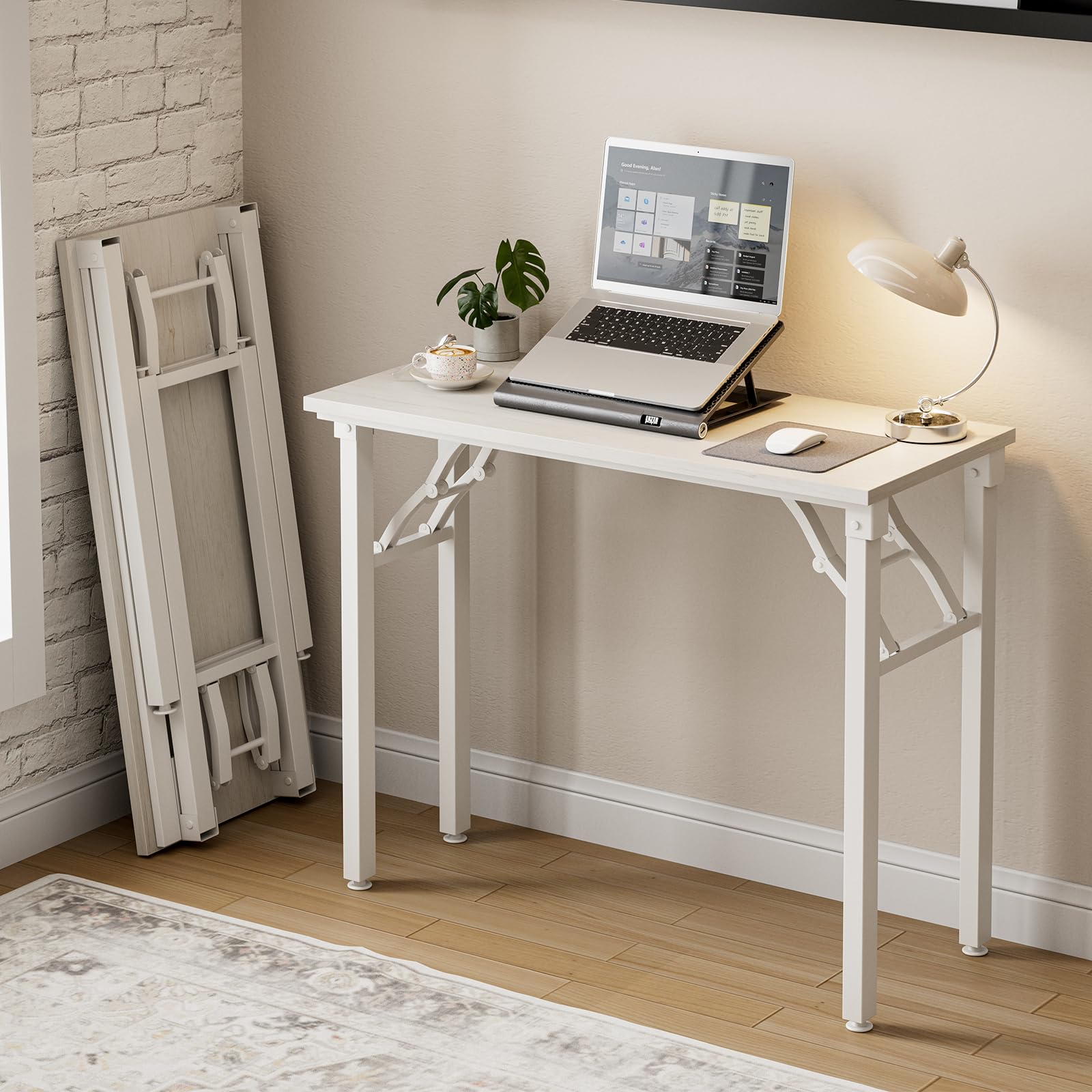 Frylr Small Folding Computer Desk – 35.8 Inch Portable Table for Craft and Study, Lightweight Desk for Small Spaces, Foldable Laptop Table Built-in AC/USB Outlets for Convenience, Dark Walnut