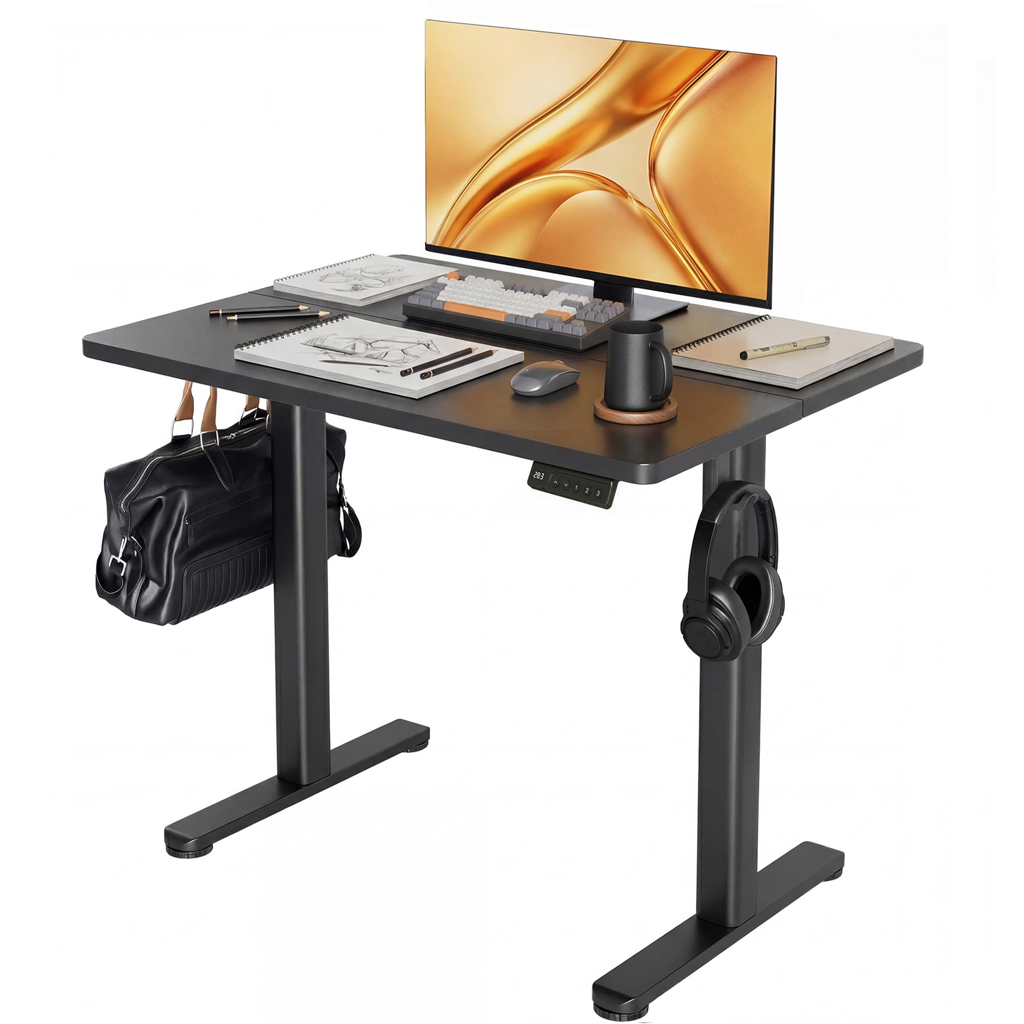 Claiks Electric Standing Desk, Adjustable Height Stand up Desk, 24x48 Inches Sit Stand Home Office Desk with Splice Board, Black Frame/Rustic Brown Top