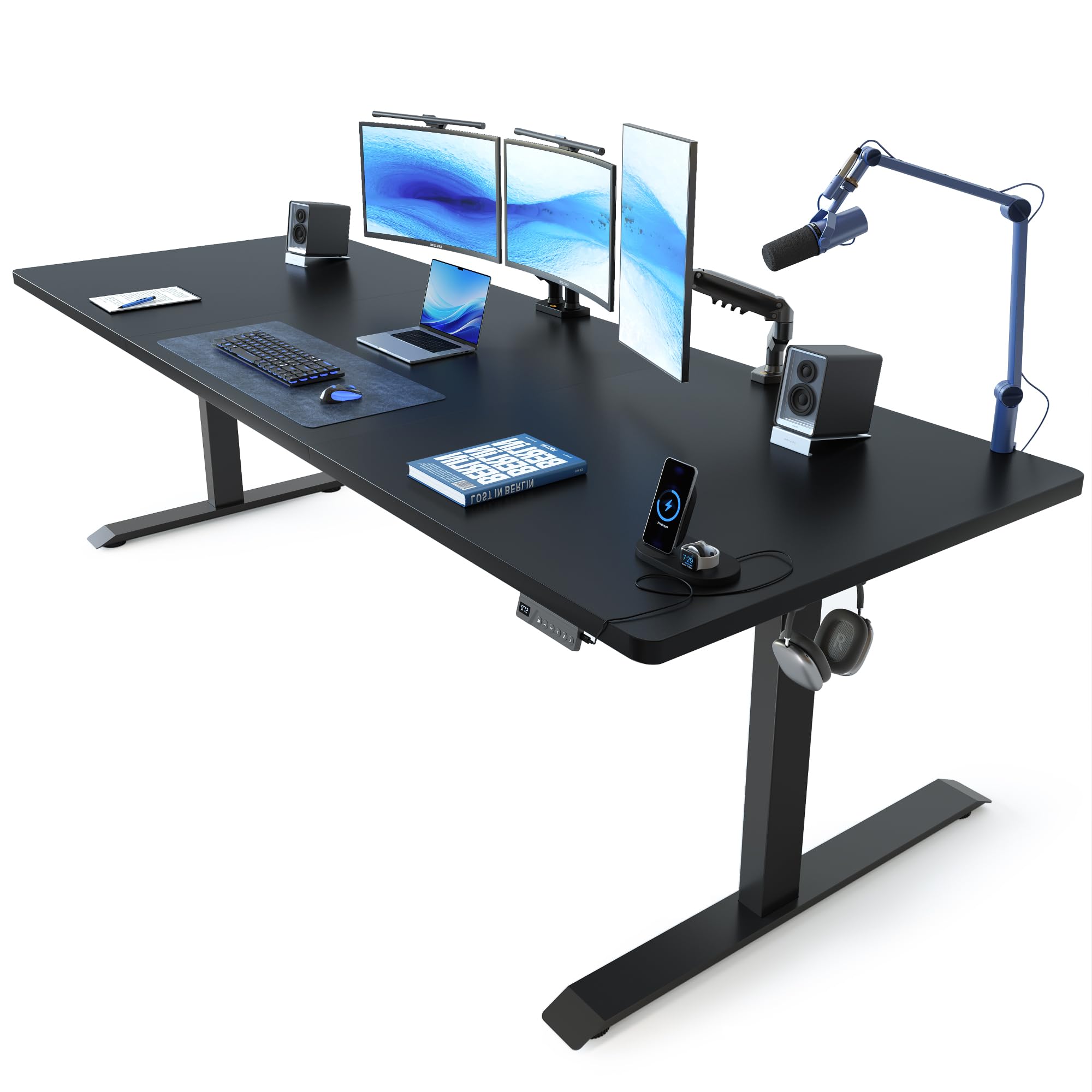 FEZIBO Standing Desk, 48 × 24 Inches Electric Height Adjustable, Sit and Stand Up, Computer Office Desk with Splice Board, White Frame/Maple TOP