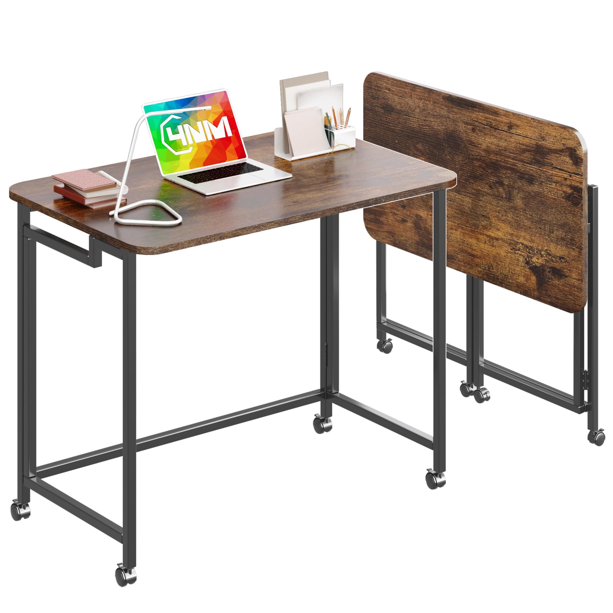 4NM 31.5" Mobile Small Rolling Computer Desk, Folding Laptop Cart Table with Wheels, Portable Office Desk for Small Space Couch Bed - Rustic Brown and Black