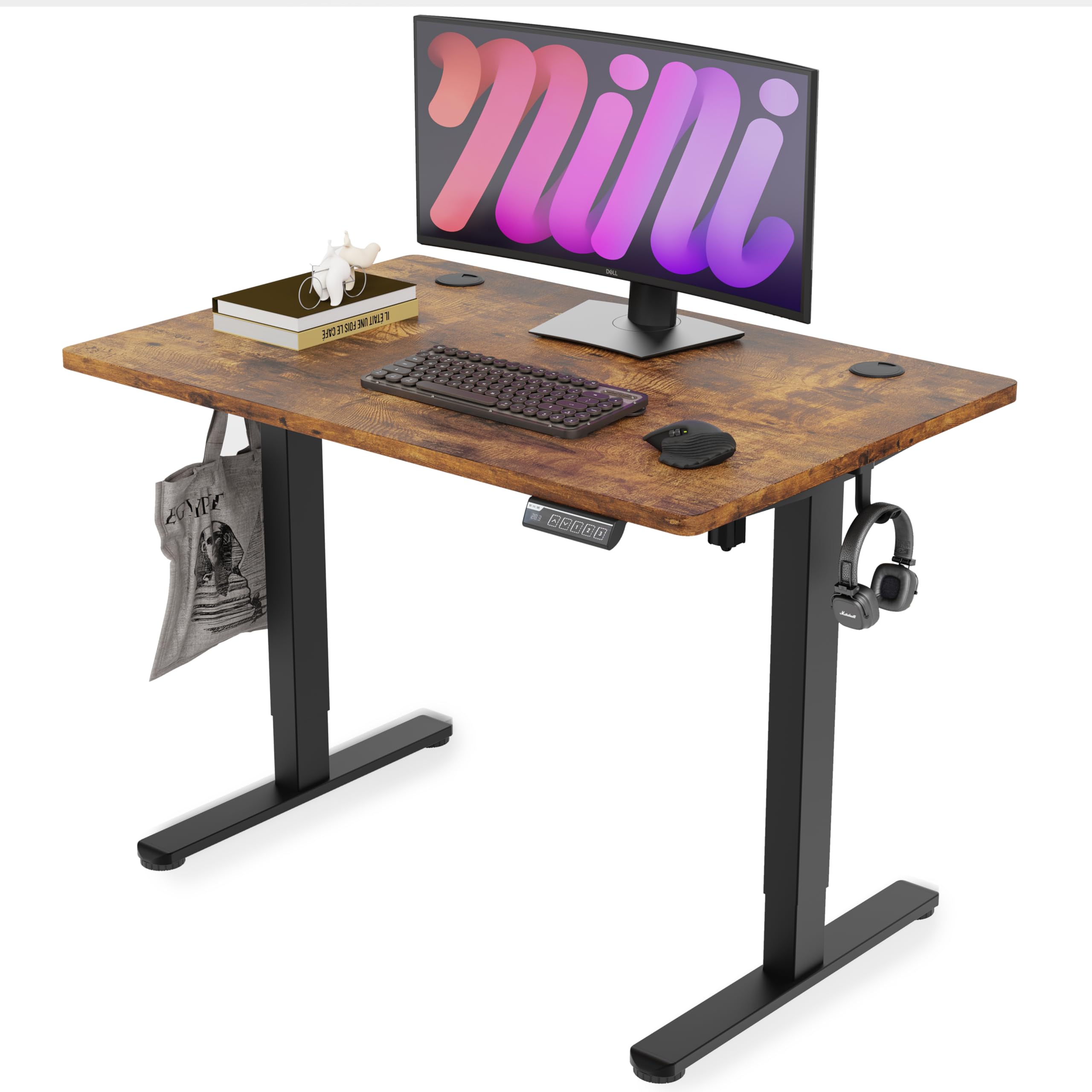 Monomi Electric Height Adjustable Standing Desk, 48x24 Inches, Ergonomic Home Office Sit/Stand Up Desk with Two-Piece Desktop (Black Steel Frame/Rustic Brown Top)