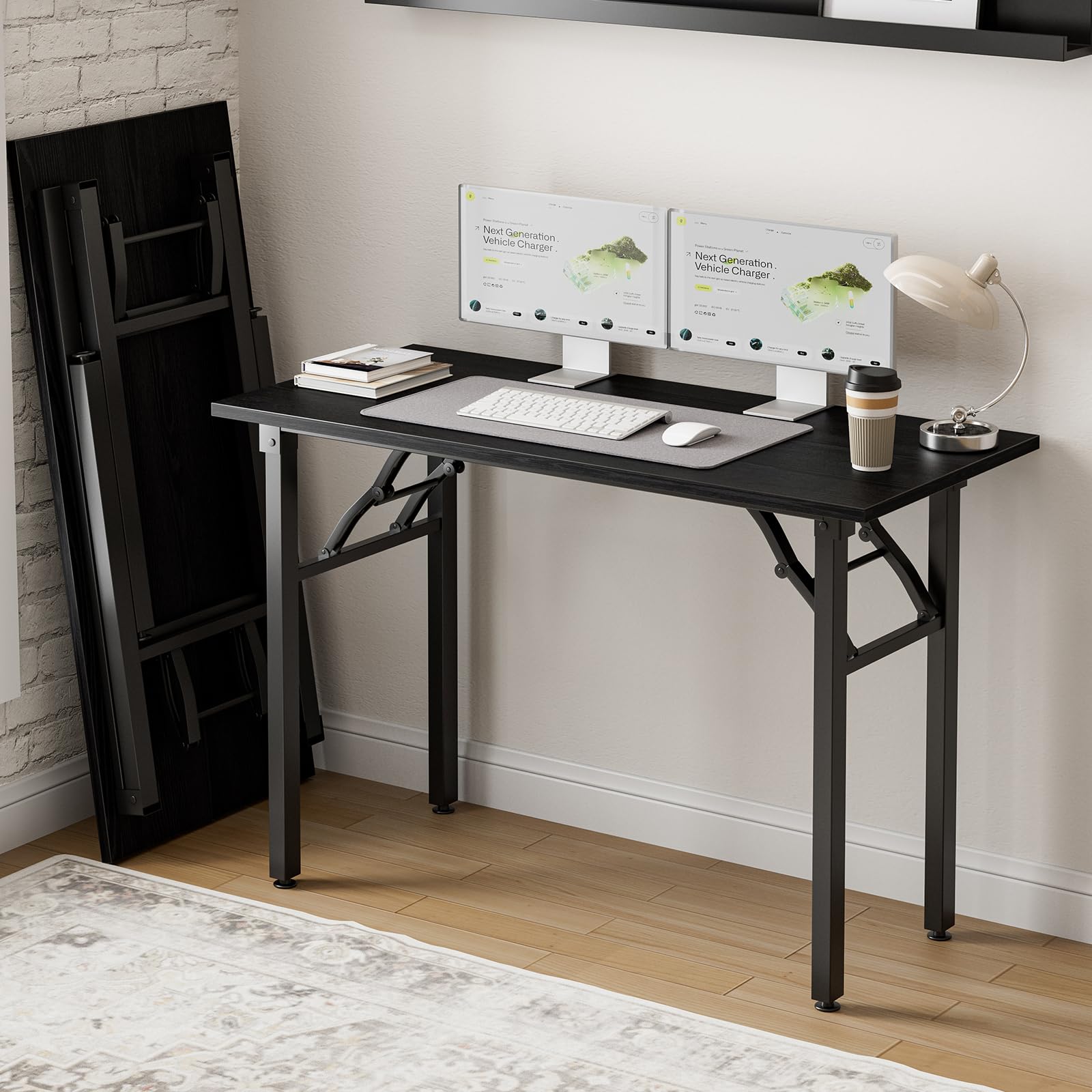Frylr Small Folding Computer Desk – 35.8 Inch Portable Table for Craft and Study, Lightweight Desk for Small Spaces, Foldable Laptop Table Built-in AC/USB Outlets for Convenience, Dark Walnut