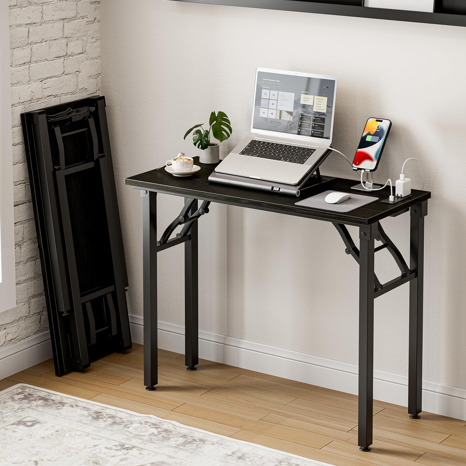 Frylr Small Folding Computer Desk – 35.8 Inch Portable Table for Craft and Study, Lightweight Desk for Small Spaces, Foldable Laptop Table Built-in AC/USB Outlets for Convenience, Dark Walnut