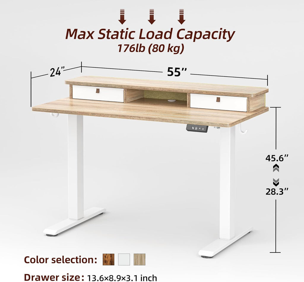 TIQLAB Standing Desk with Two Drawers, Stand Up Standing Desk Adjustable Height, Electric Sit Stand Table with Storage Shelf and Splice Board, 55 * 24 inch, Maple