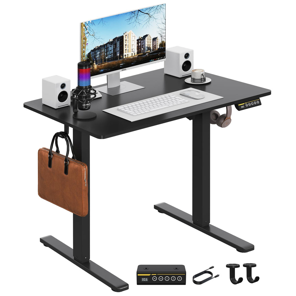 Electric Standing Desk,48x24 Inches Adjustable Height Stand up Desk, Sit Stand Home Office Desk with Splice Board, 3 Preset Heights,Equipped with Hooks,Ergonomic Computer Workstation，Brown