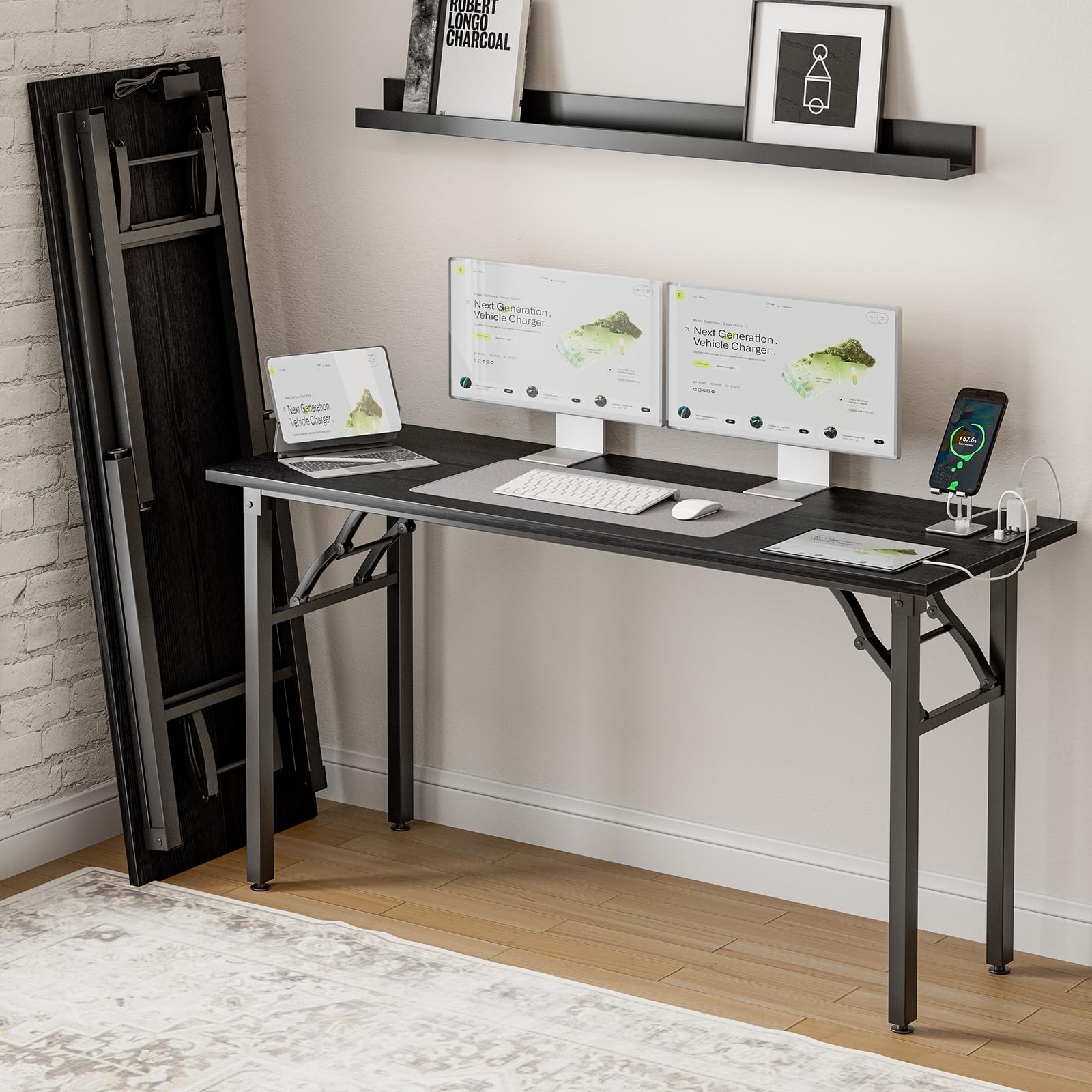 Frylr Small Folding Computer Desk – 35.8 Inch Portable Table for Craft and Study, Lightweight Desk for Small Spaces, Foldable Laptop Table Built-in AC/USB Outlets for Convenience, Dark Walnut