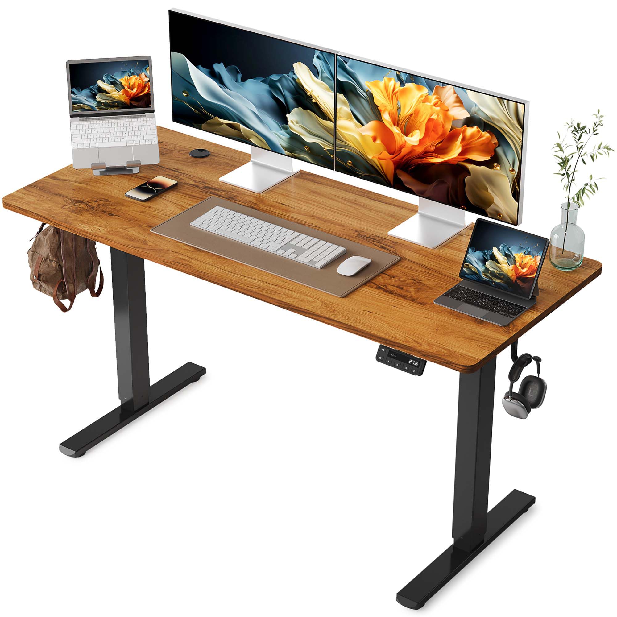 YIHAYO Electric Standing Desk, 48 x 24 Inches Stand Up Desk with Splice Board, Adjustable Height Desk, Computer Desk for Home Office, Black Frame/Rustic Brown Top