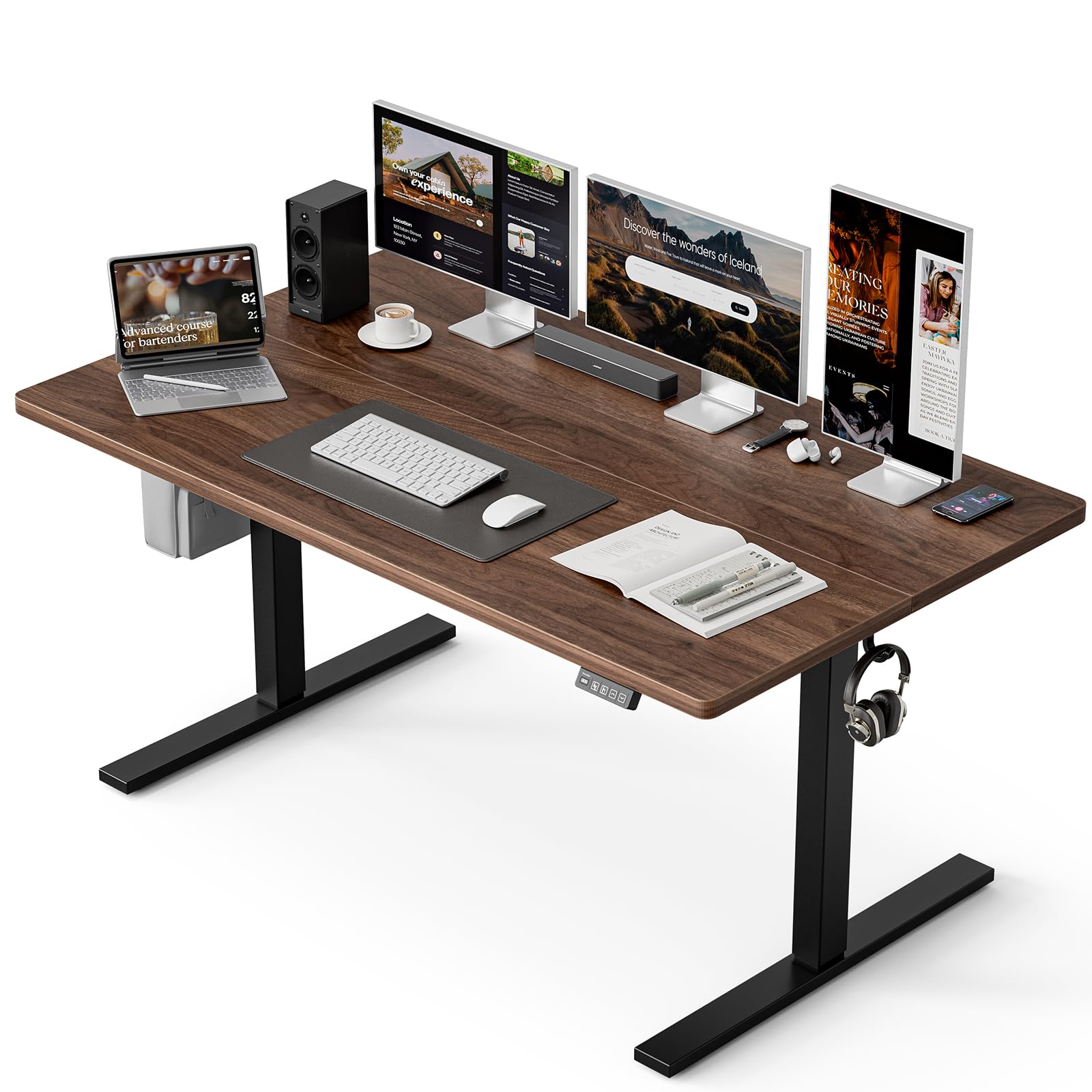 Grandder 55x32 Large Electric Standing Desk, Height Adjustable Computer Desk with 2 Memory Presets, 31.5" Deep Desktop Sit Stand Desk Home Office Desk Workstation Table with Hooks, Oak