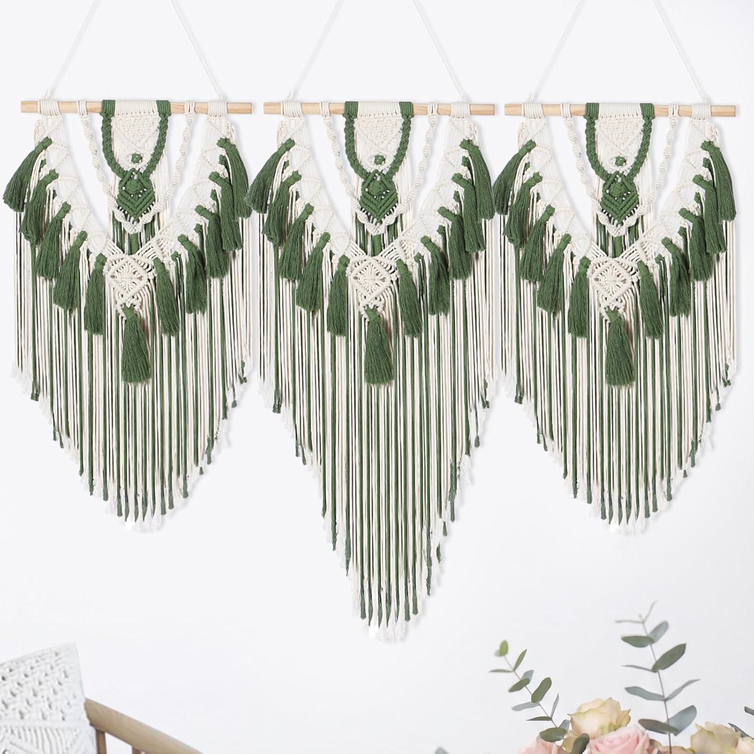 Fiwochic Large Boho Macrame Wall Hanging Wall Decor Bohemian Woven Handmade Tapestry with Tassel Artwork for Decorating Bedroom Living Room Apartment Nursery, 43 x 35 Inches(Green)
