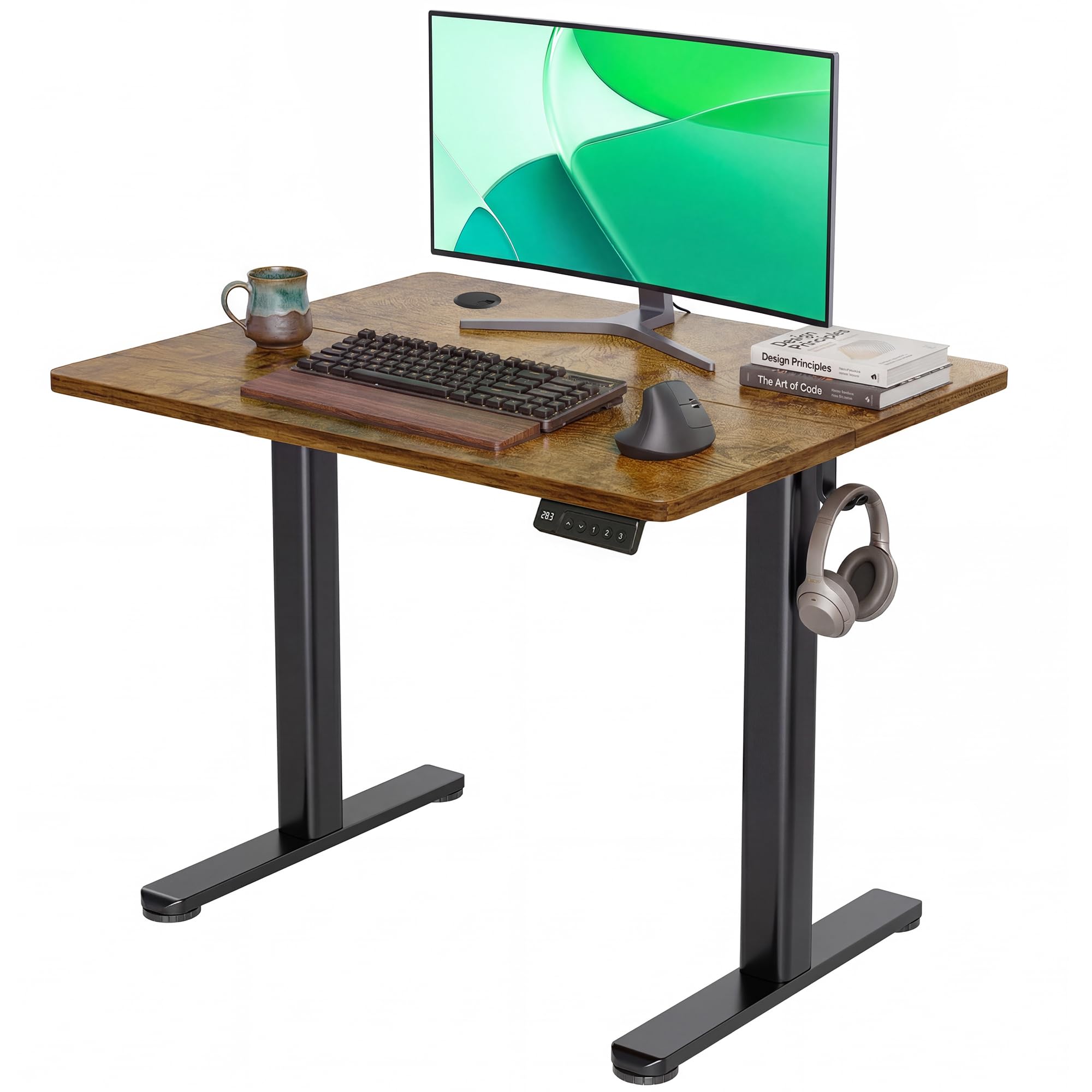 Claiks Electric Standing Desk, Adjustable Height Stand up Desk, 24x48 Inches Sit Stand Home Office Desk with Splice Board, Black Frame/Rustic Brown Top