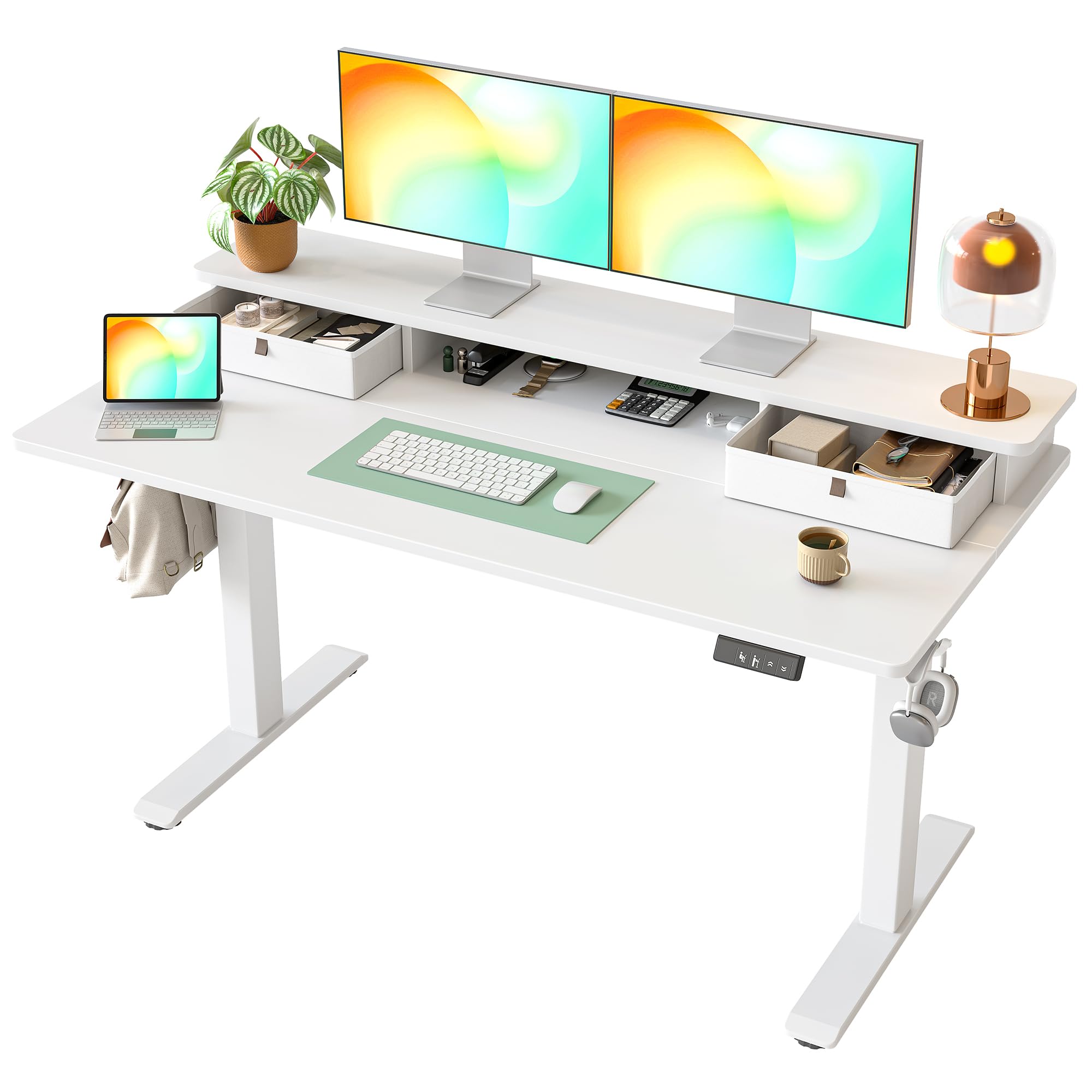 TIQLAB Standing Desk with Two Drawers, Stand Up Standing Desk Adjustable Height, Electric Sit Stand Table with Storage Shelf and Splice Board, 55 * 24 inch, Maple