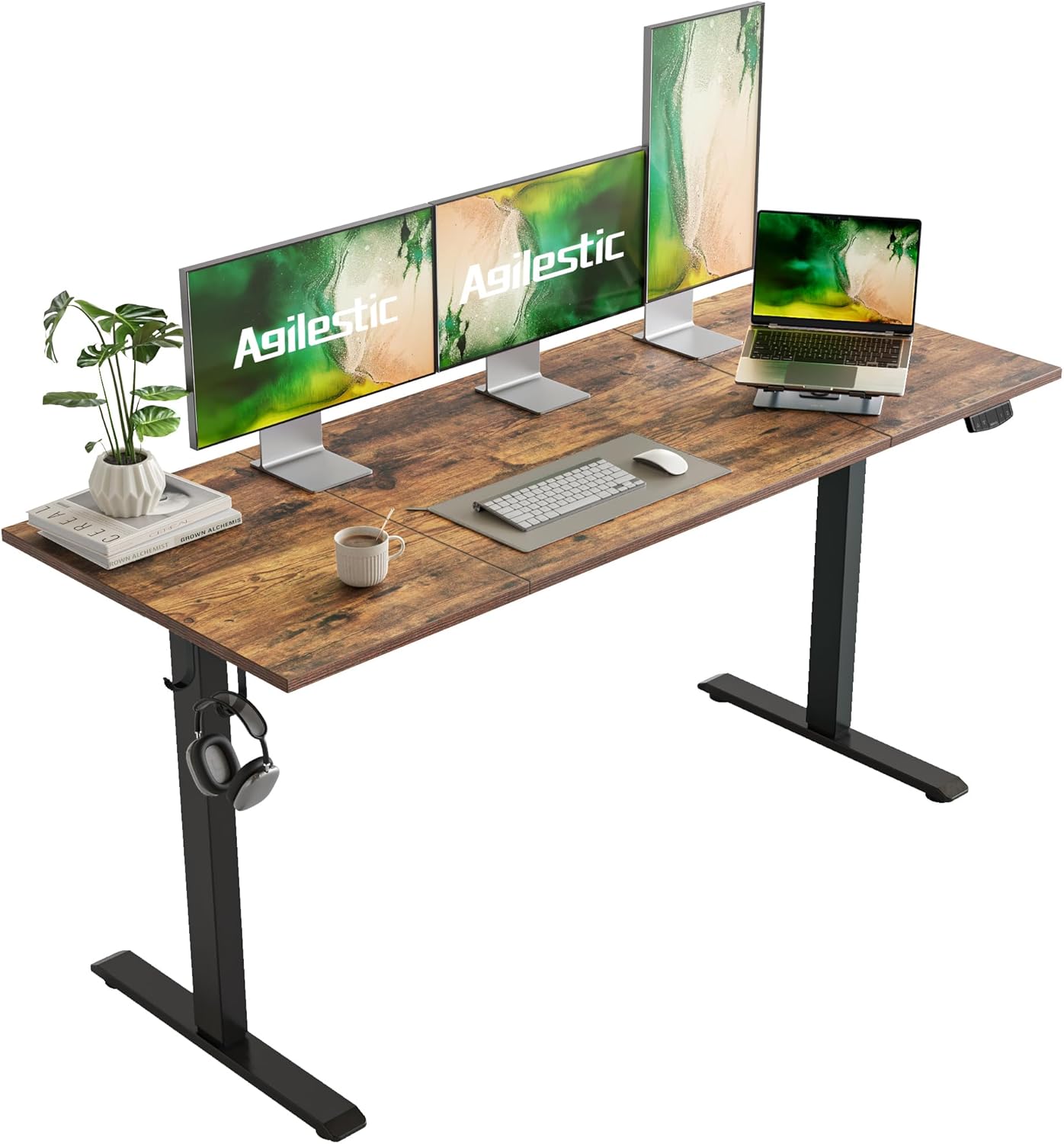 Agilestic Electric Standing Desk, 63 x 24 Inches Height Adjustable Desk, Sit Stand up Desk for Work Office Home, Splice Board, Rustic Brown
