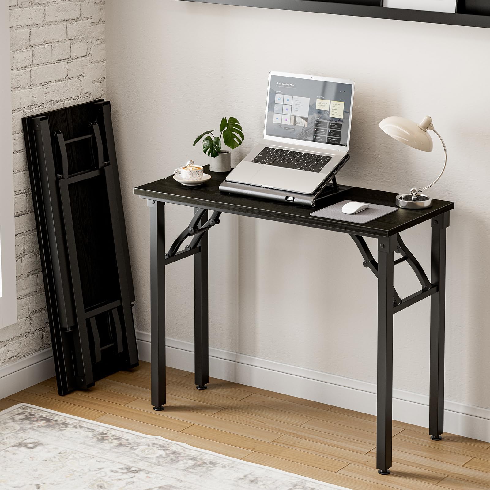 Frylr Small Folding Computer Desk – 35.8 Inch Portable Table for Craft and Study, Lightweight Desk for Small Spaces, Foldable Laptop Table Built-in AC/USB Outlets for Convenience, Dark Walnut
