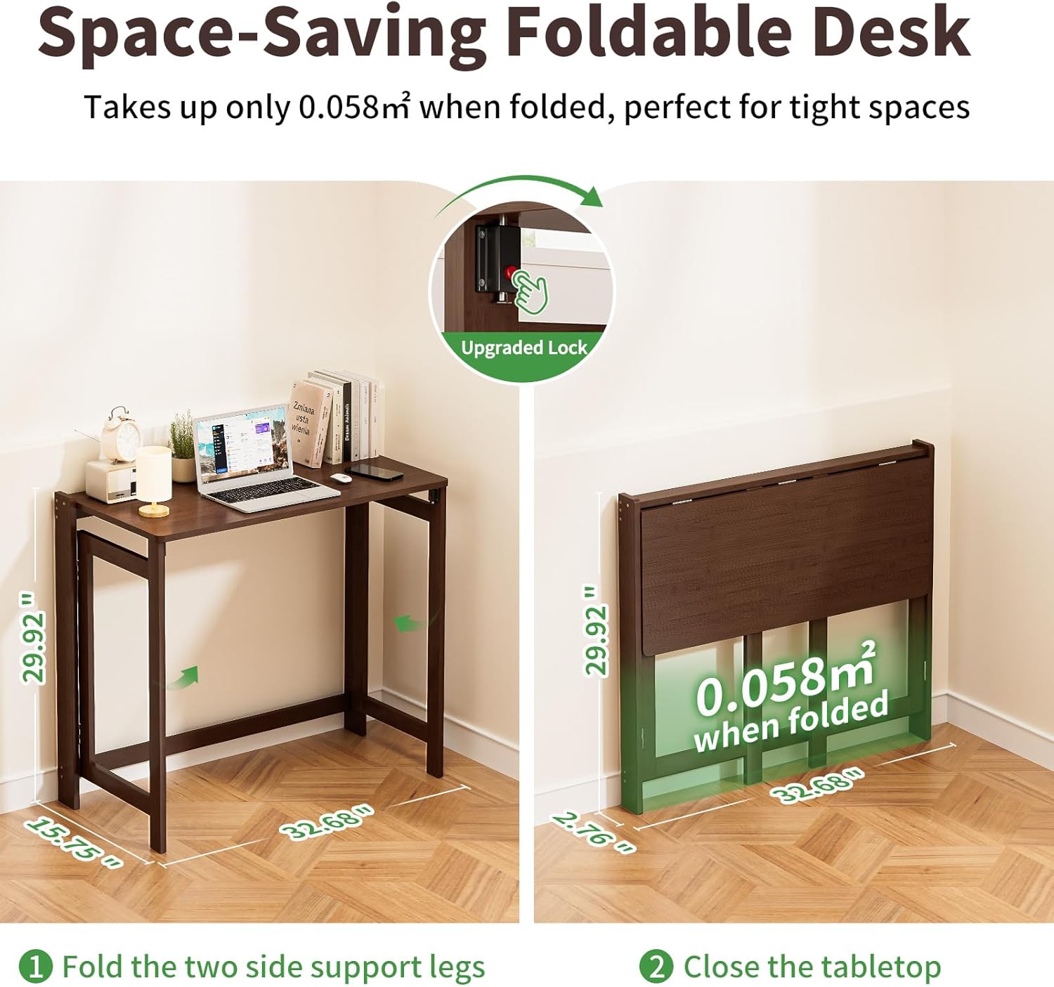 Bamboo Foldable Desk, Folding Desks for Small Spaces, 32.68 Inch Small Foldable Computer Table, Space Saving Sofa Table for Couch, Bedroom or Home Office, Brown