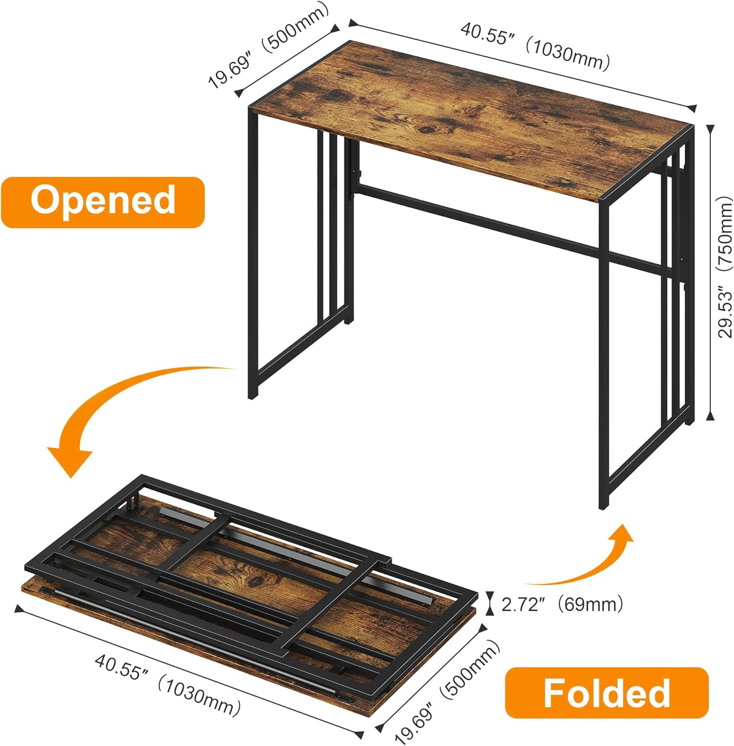 Elephance 40" Folding Computer Desk No Assembly Needed Foldable Small Home Office Desk Study Writing Desk Gaming Table for Small Space