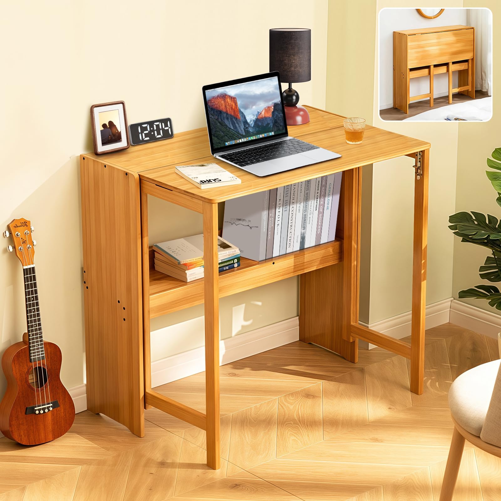 Bamboo Folding Desk for Small Spaces, Mid Century Small Computer Foldable Desk for Bedroom Home Office, Space Saving Sofa Table for Couch, Writing Work Office Desk,Brown