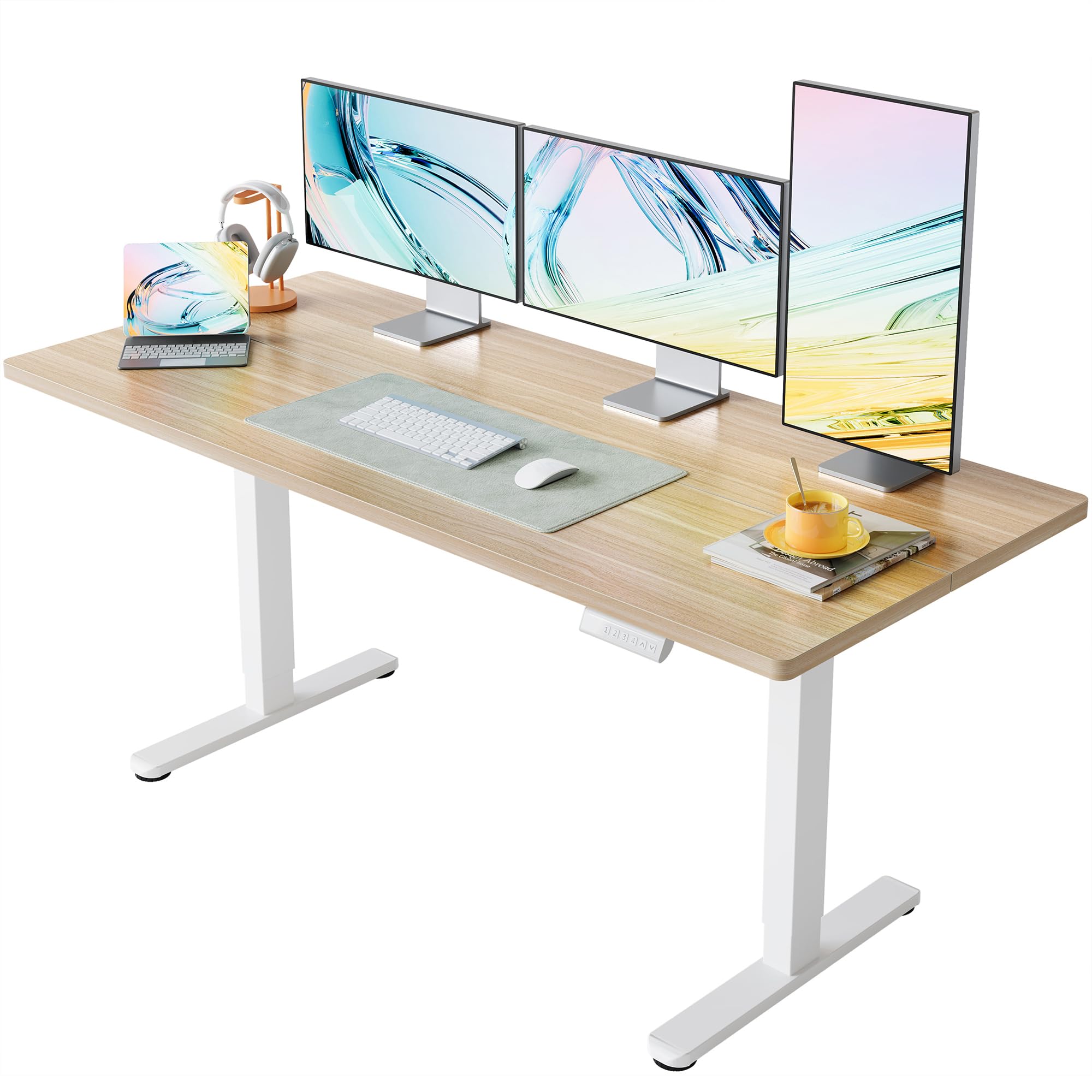 HUANUO 32" Small Electric Standing Desk Adjustable Height, 4 Memory Height Settings, Sit Stand Up Desk for Home Office & Computer Workstation, LightWalnut