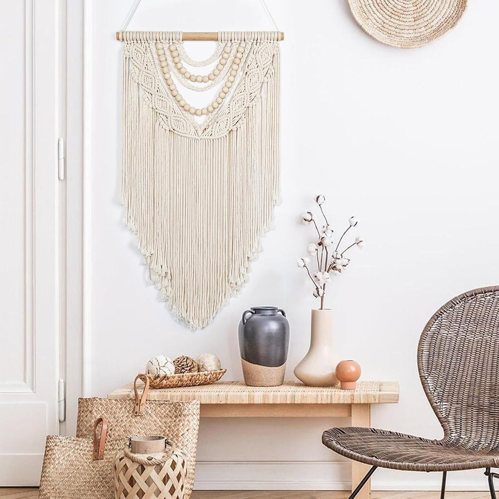 LOMOHOO Macrame Wall Hanging Boho Handmade Geometric Woven Tapestry Bohemian Wall Art Decor with Chic Wooden Beads Home Decor for Bedroom Living Room Apartment Dorm Gallery Wedding 16.5"x30"