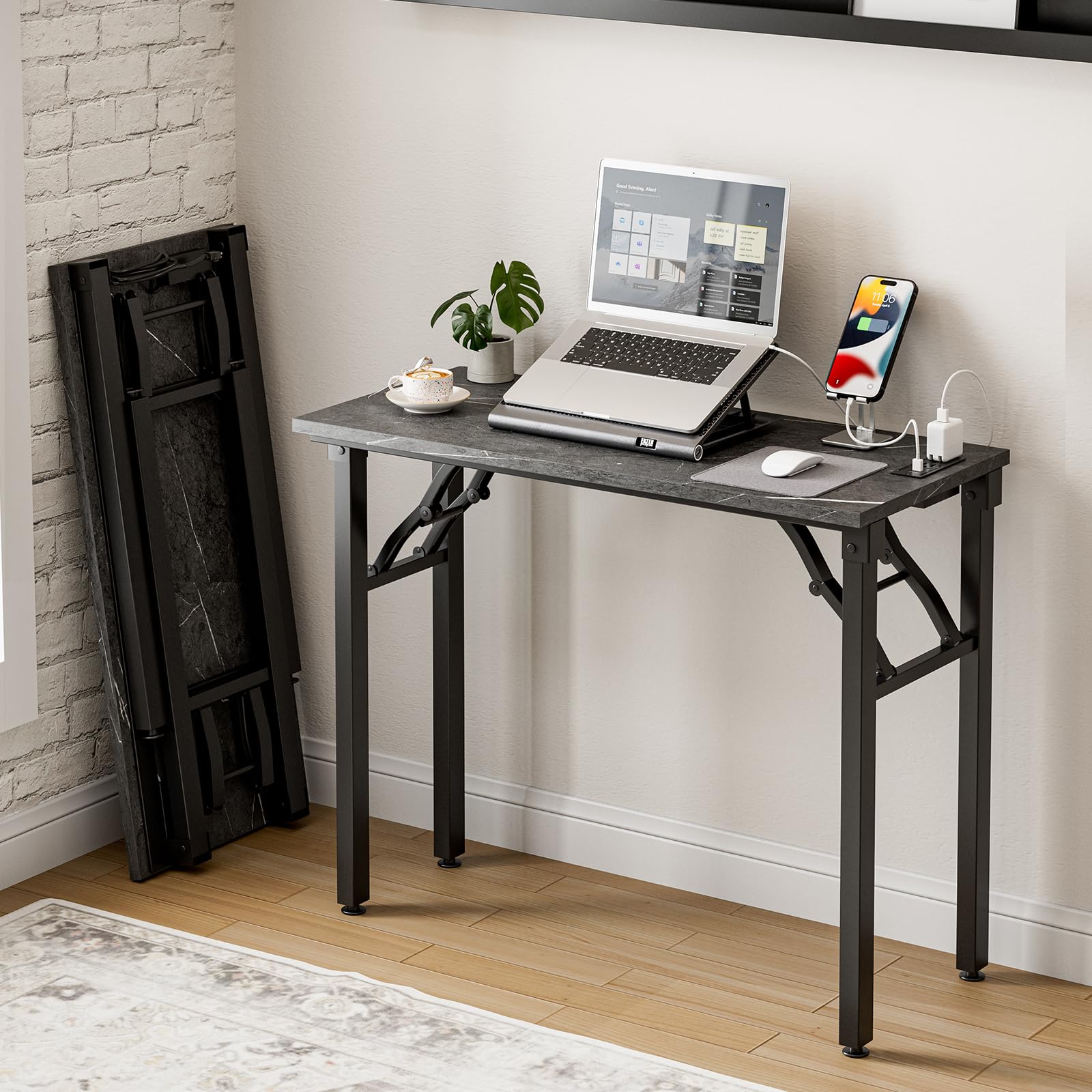 Frylr Small Folding Computer Desk – 35.8 Inch Portable Table for Craft and Study, Lightweight Desk for Small Spaces, Foldable Laptop Table Built-in AC/USB Outlets for Convenience, Dark Walnut