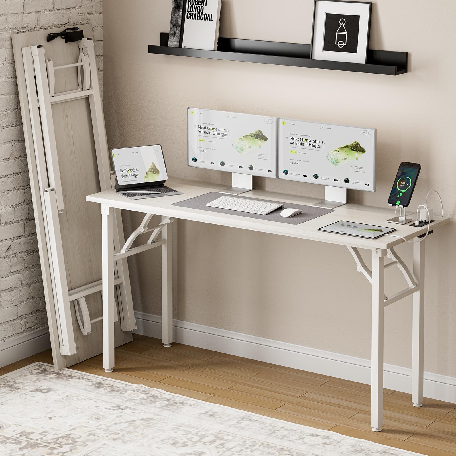 Frylr Small Folding Computer Desk – 35.8 Inch Portable Table for Craft and Study, Lightweight Desk for Small Spaces, Foldable Laptop Table Built-in AC/USB Outlets for Convenience, Dark Walnut