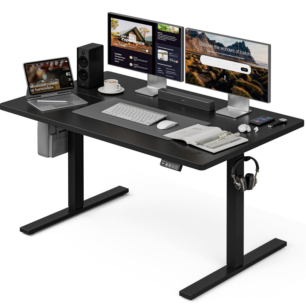 Grandder 55x32 Large Electric Standing Desk, Height Adjustable Computer Desk with 2 Memory Presets, 31.5" Deep Desktop Sit Stand Desk Home Office Desk Workstation Table with Hooks, Oak
