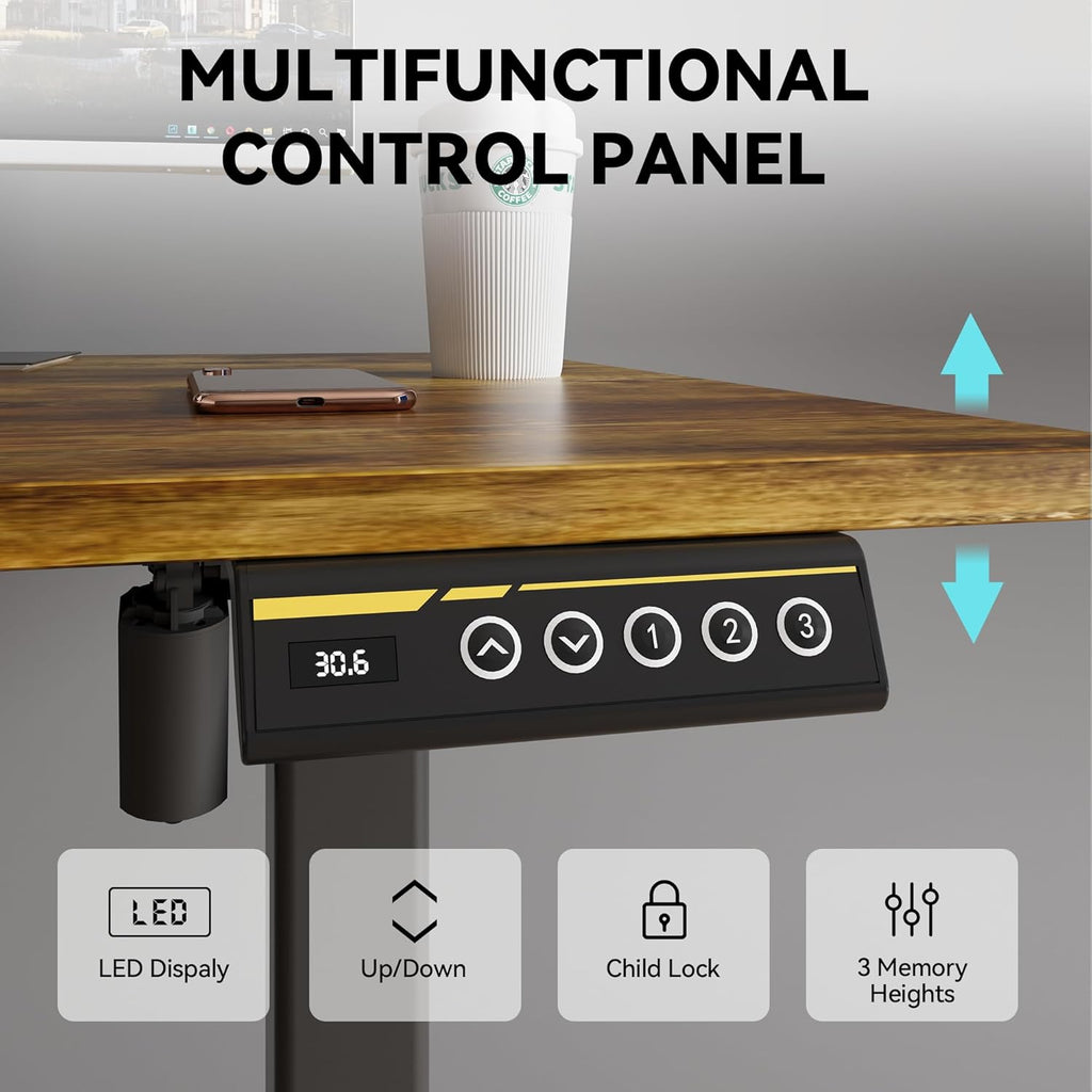 Electric Standing Desk,48x24 Inches Adjustable Height Stand up Desk, Sit Stand Home Office Desk with Splice Board, 3 Preset Heights,Equipped with Hooks,Ergonomic Computer Workstation，Brown