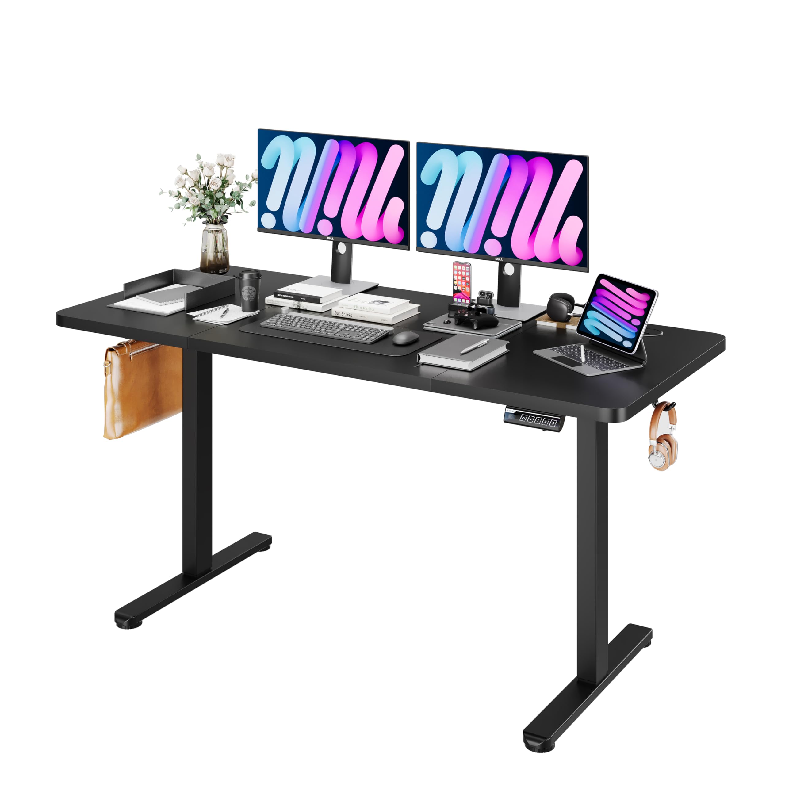 Monomi Electric Height Adjustable Standing Desk, 48x24 Inches, Ergonomic Home Office Sit/Stand Up Desk with Two-Piece Desktop (Black Steel Frame/Rustic Brown Top)