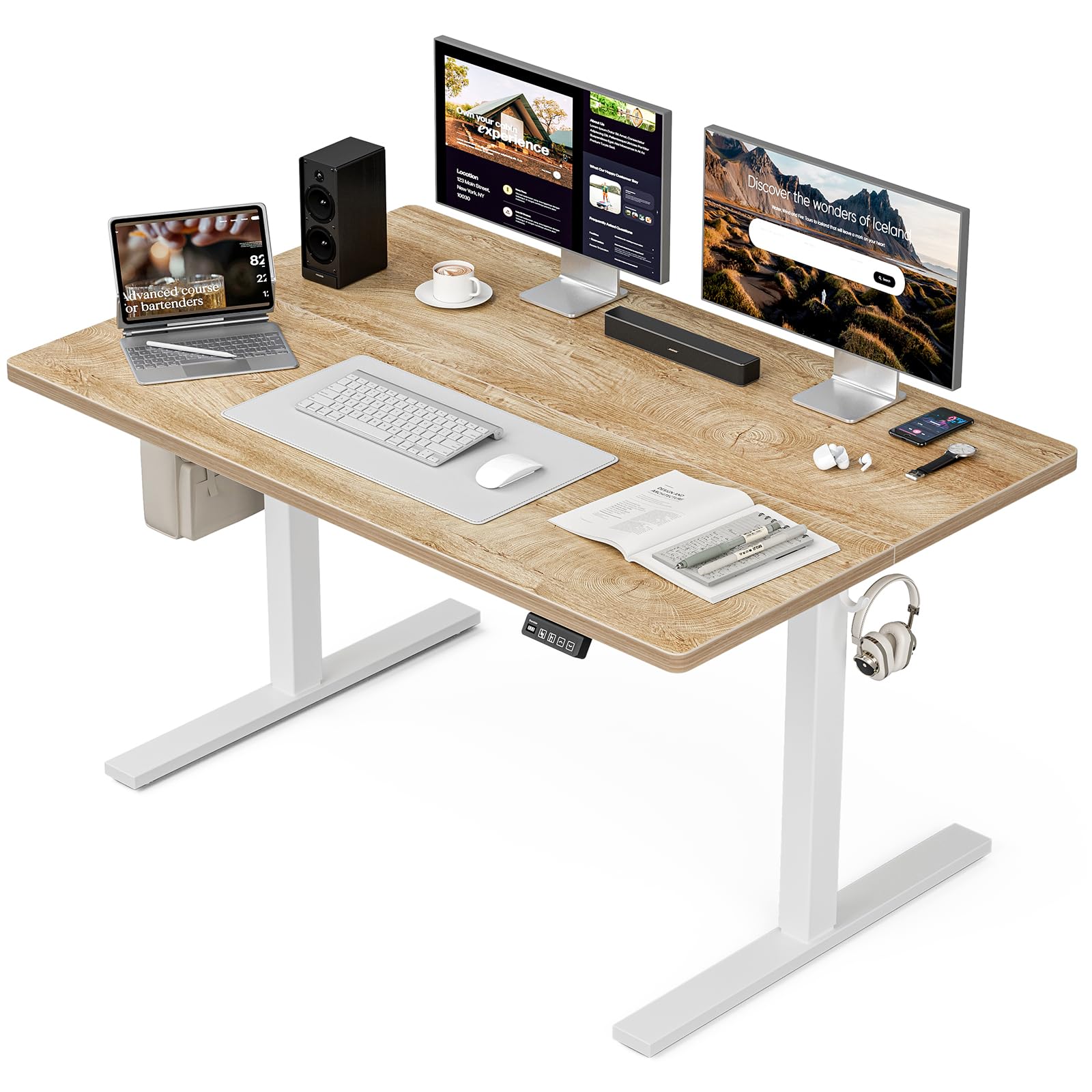 Grandder 55x32 Large Electric Standing Desk, Height Adjustable Computer Desk with 2 Memory Presets, 31.5" Deep Desktop Sit Stand Desk Home Office Desk Workstation Table with Hooks, Oak