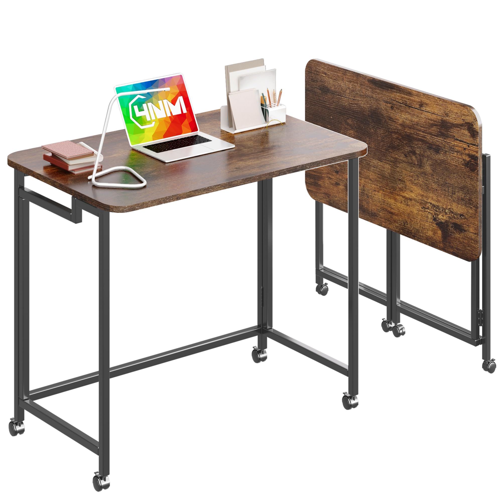 4NM 31.5" Mobile Small Rolling Computer Desk, Folding Laptop Cart Table with Wheels, Portable Office Desk for Small Space Couch Bed - Rustic Brown and Black