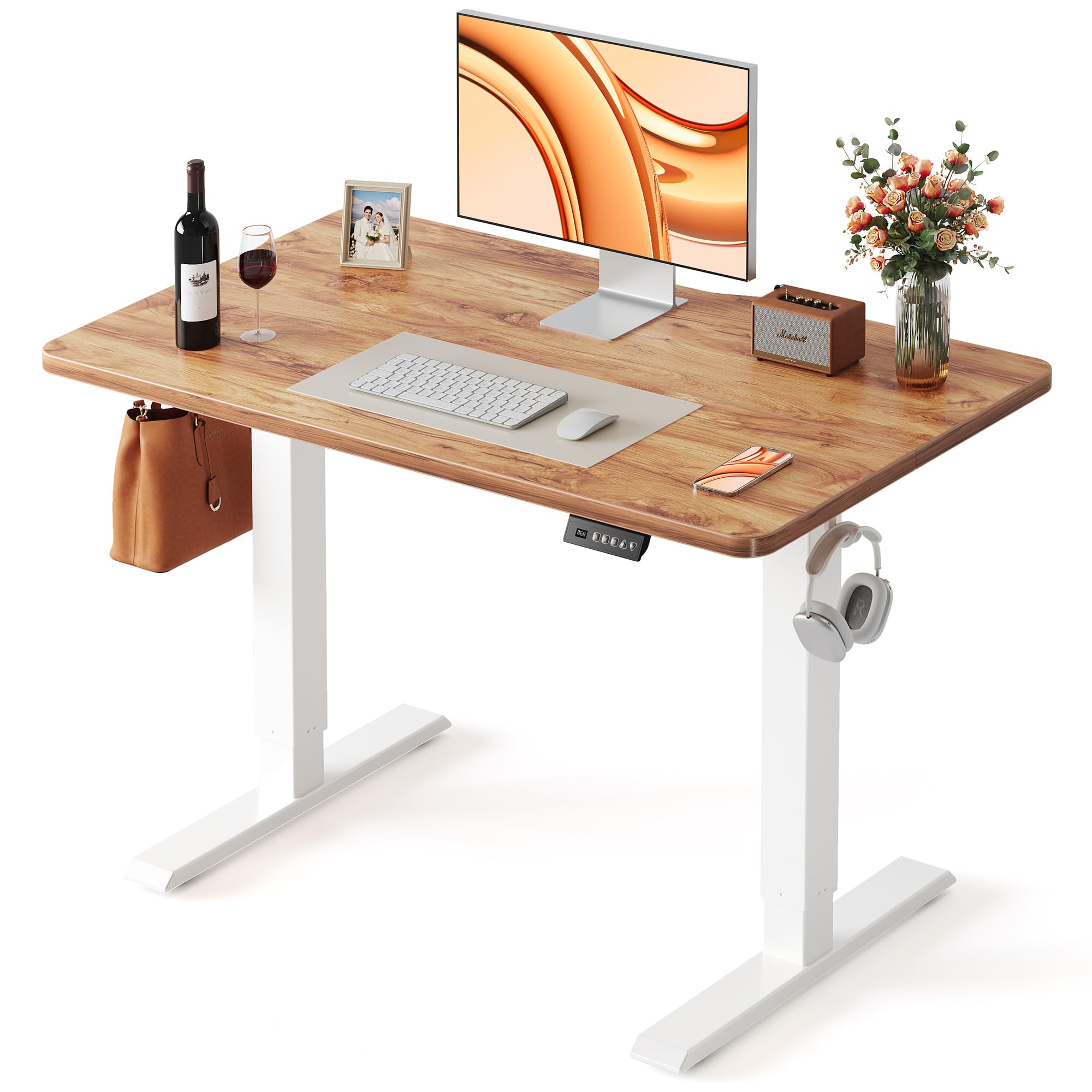 FEZIBO Standing Desk, 48 × 24 Inches Electric Height Adjustable, Sit and Stand Up, Computer Office Desk with Splice Board, White Frame/Maple TOP