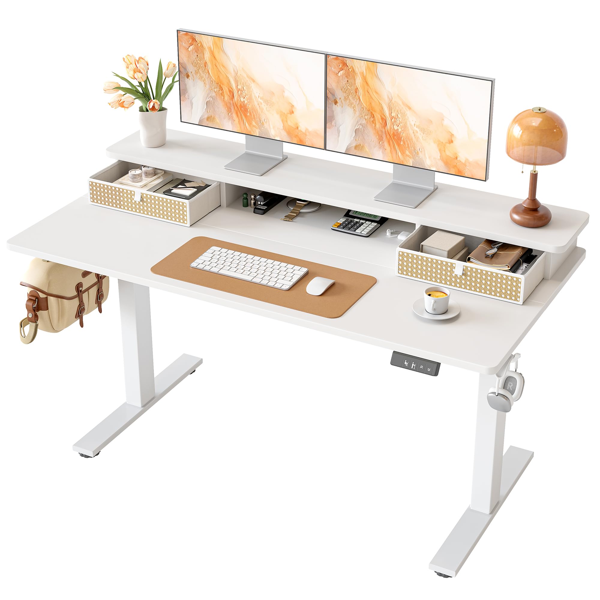 TIQLAB Standing Desk with Two Drawers, Stand Up Standing Desk Adjustable Height, Electric Sit Stand Table with Storage Shelf and Splice Board, 55 * 24 inch, Maple