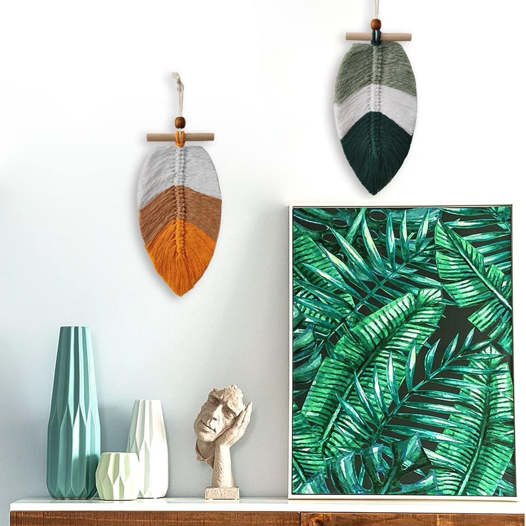 Boho Macrame Leaves Hanging Wall Decor (2set), Bohemian Woven Leaf Tapestry, Bohemian Tassels Decorations for Spring Nursery Bedroom Living Room
