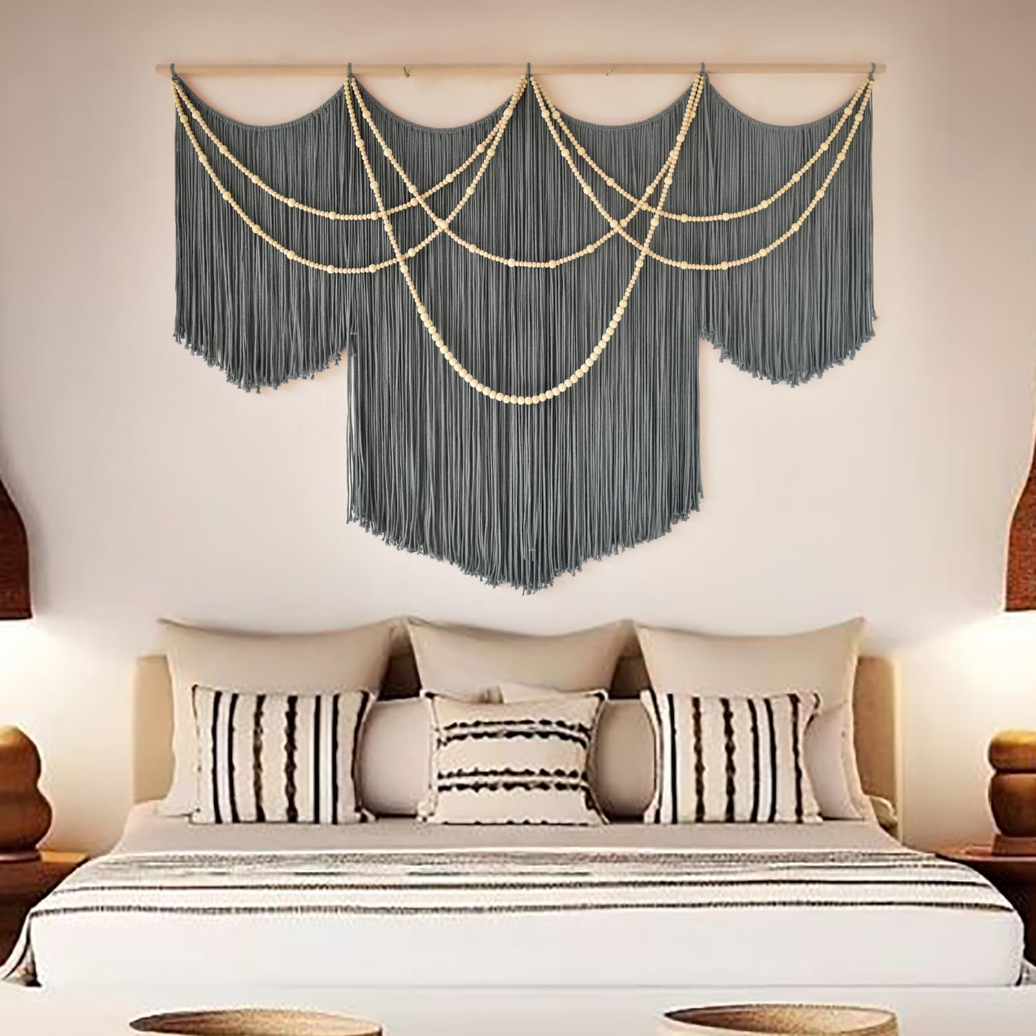 Flber Large Macrame Wall Hanging – Boho Yarn Art Garland with Tassels and Beads, Handmade Rope Decor for Nursery, Party, Wedding, Bedroom, Fireplace Mantel, or Photo Backdrop 57" W x 41" L