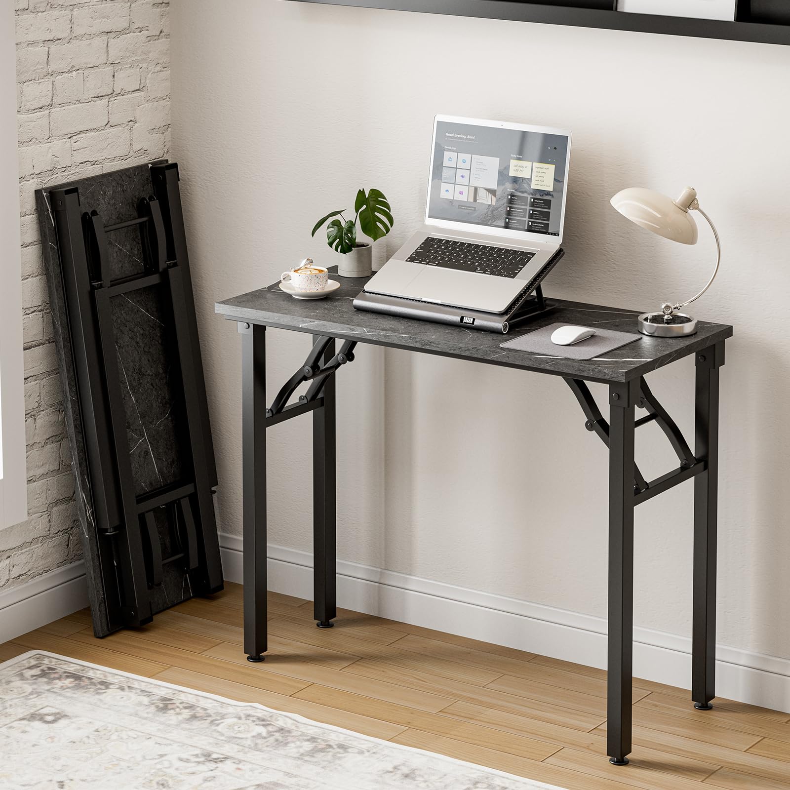 Frylr Small Folding Computer Desk – 35.8 Inch Portable Table for Craft and Study, Lightweight Desk for Small Spaces, Foldable Laptop Table Built-in AC/USB Outlets for Convenience, Dark Walnut