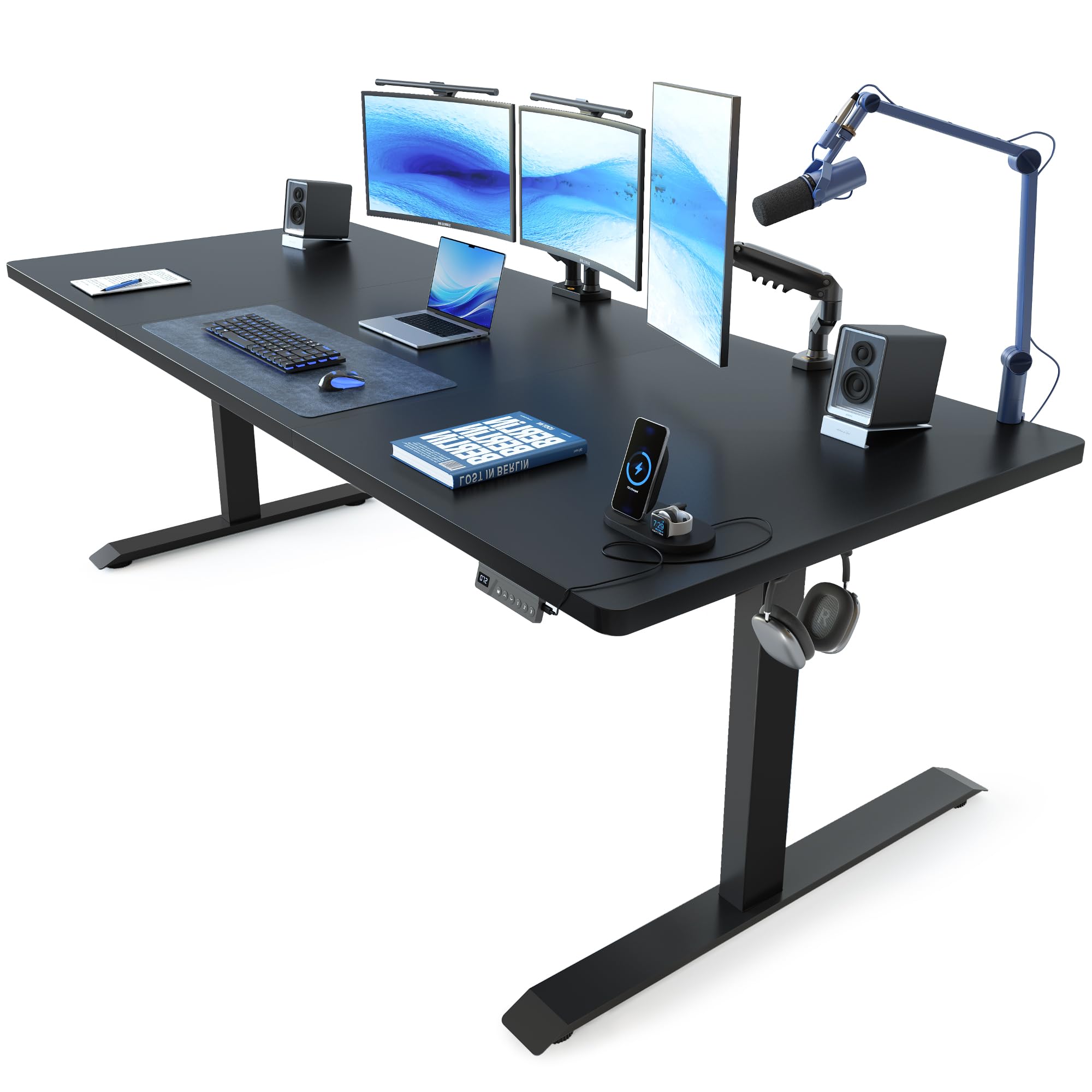 FEZIBO Standing Desk, 48 × 24 Inches Electric Height Adjustable, Sit and Stand Up, Computer Office Desk with Splice Board, White Frame/Maple TOP