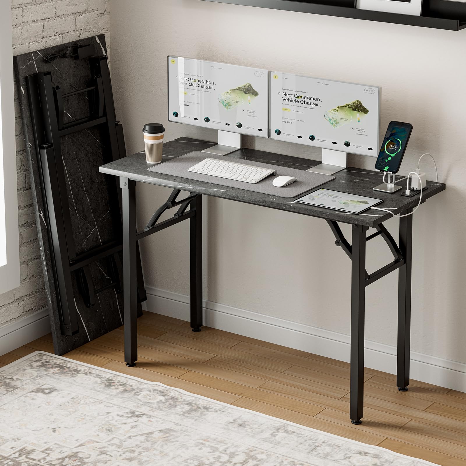 Frylr Small Folding Computer Desk – 35.8 Inch Portable Table for Craft and Study, Lightweight Desk for Small Spaces, Foldable Laptop Table Built-in AC/USB Outlets for Convenience, Dark Walnut