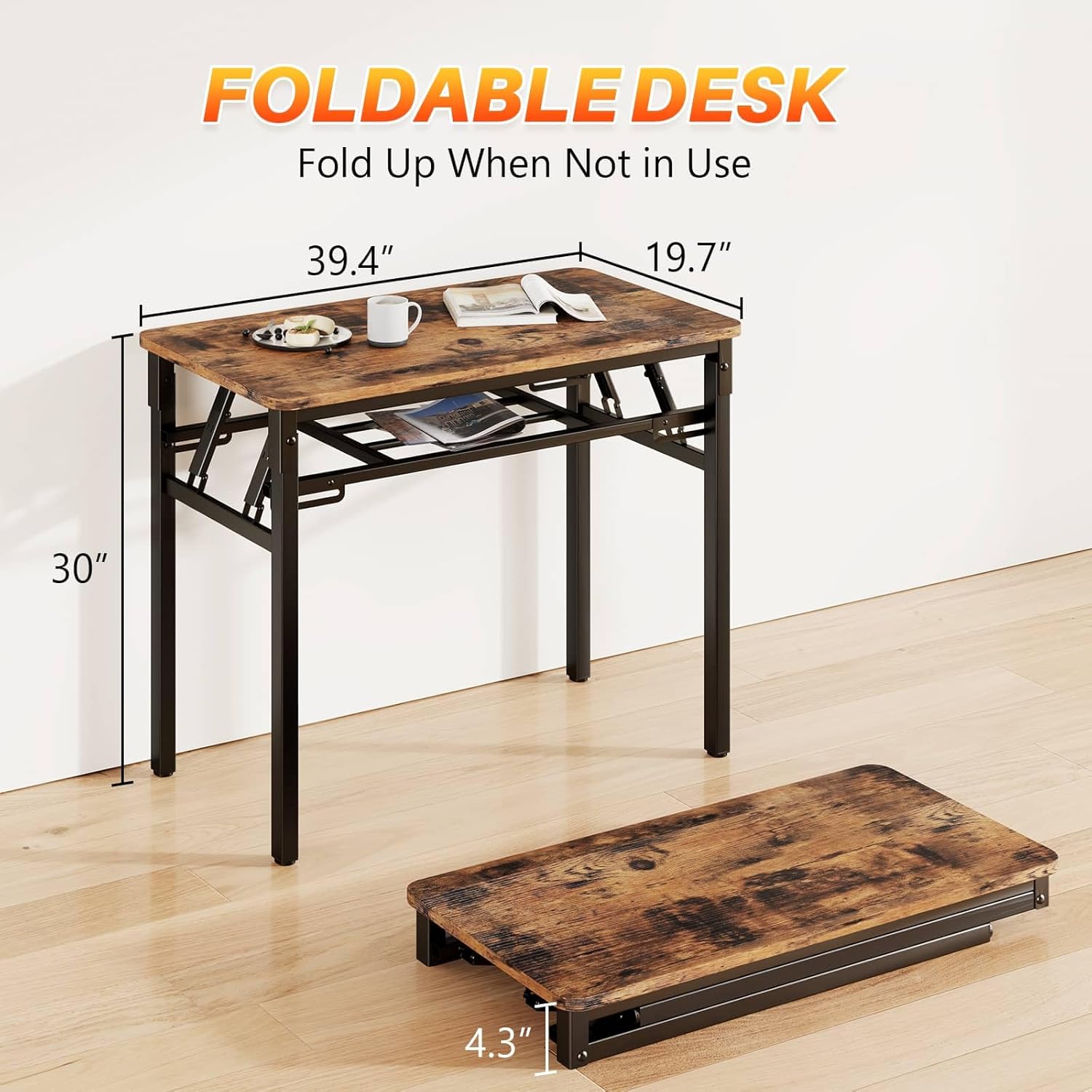BYMECOST 39 inches Folding Computer Desk, No Assembly Long Foldable Office Table, Portable Large Foldable Home Office Desk, No Install Activity Table Conference Table (Brown, 39.4")