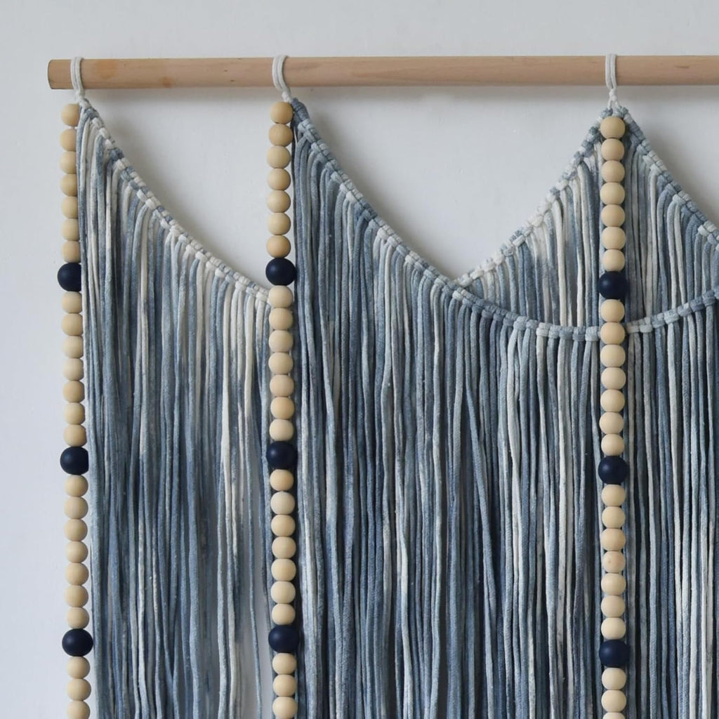 Macrame Wall Hanging Blue dip dye Handcrafted Decorative Art for Living Room Bedroom or Office Boho Chic Modern Wall Decor with Unique Beadwork 57" W × 43" L