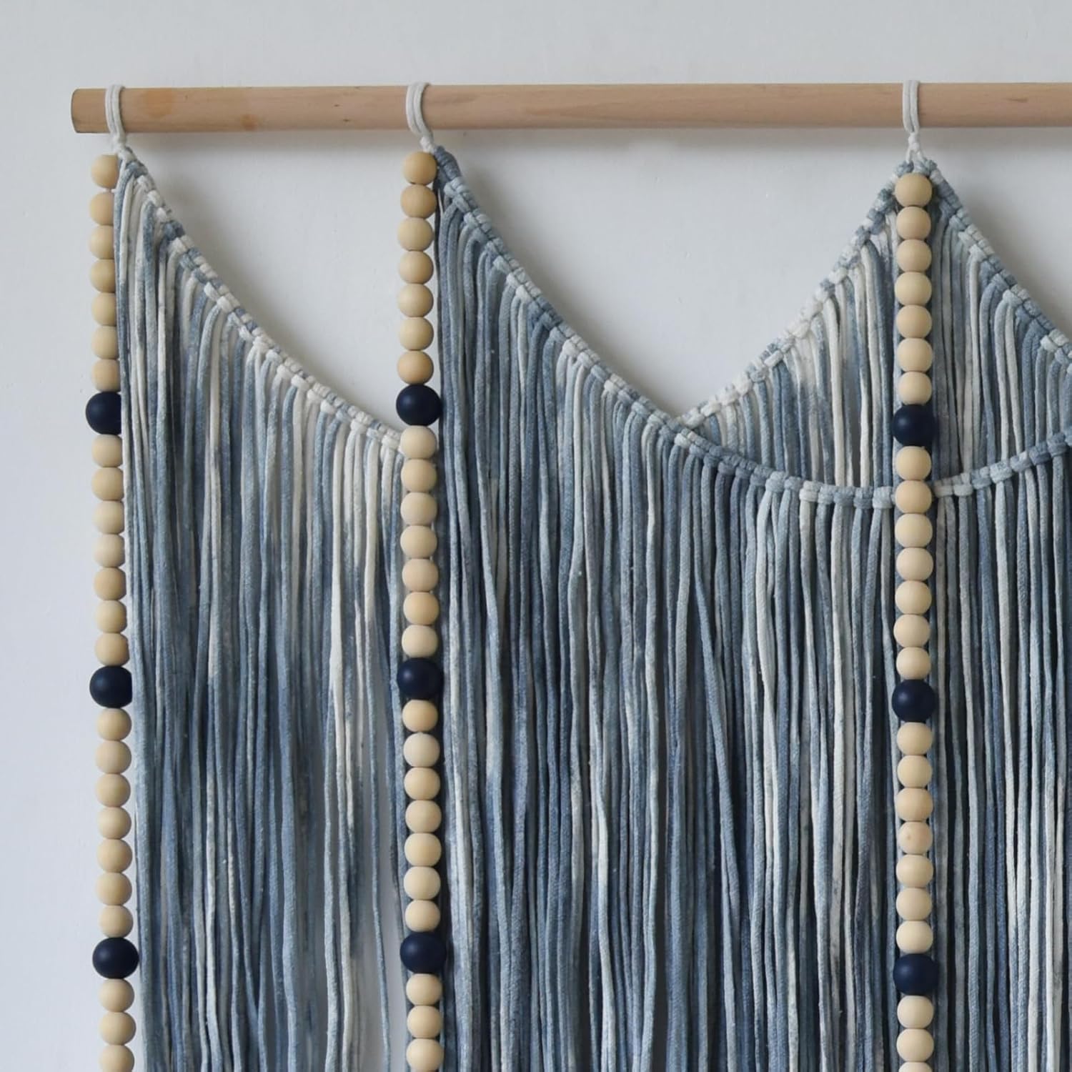 Macrame Wall Hanging Blue dip dye Handcrafted Decorative Art for Living Room Bedroom or Office Boho Chic Modern Wall Decor with Unique Beadwork 57" W × 43" L