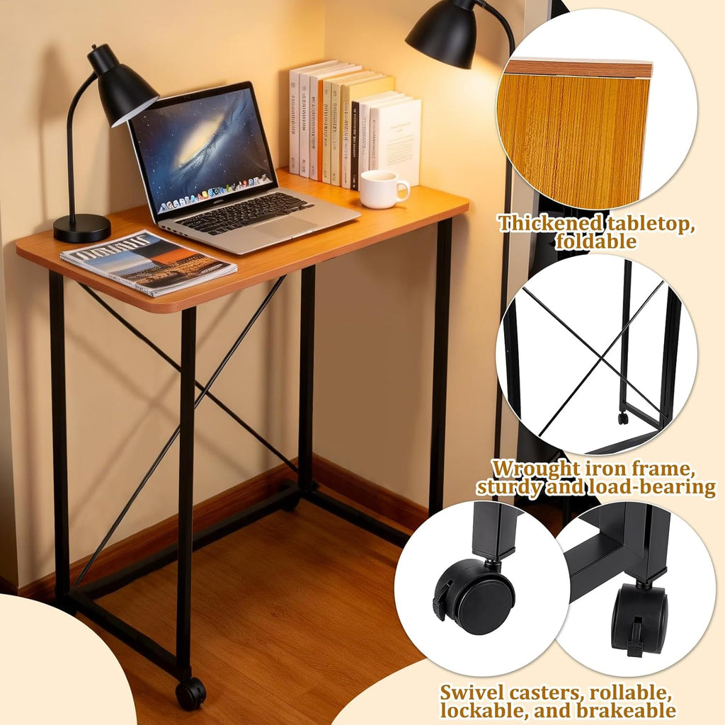 23.6Inch Folding Laptop Cart Table, Mobile Small Rolling Computer Desk for Portable Office Desk for Small Space Couch Bed Oak Color