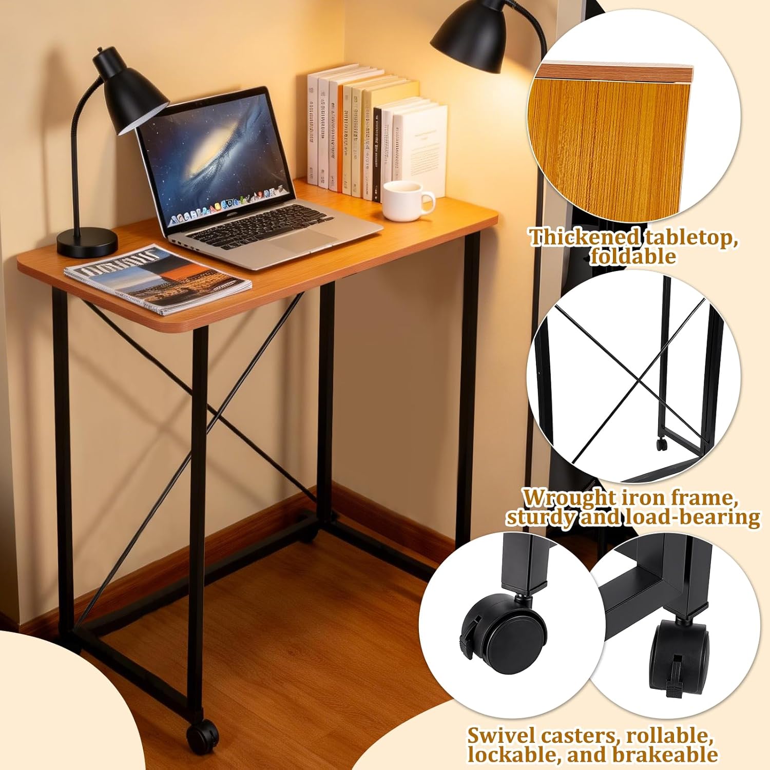 23.6Inch Folding Laptop Cart Table, Mobile Small Rolling Computer Desk for Portable Office Desk for Small Space Couch Bed Oak Color