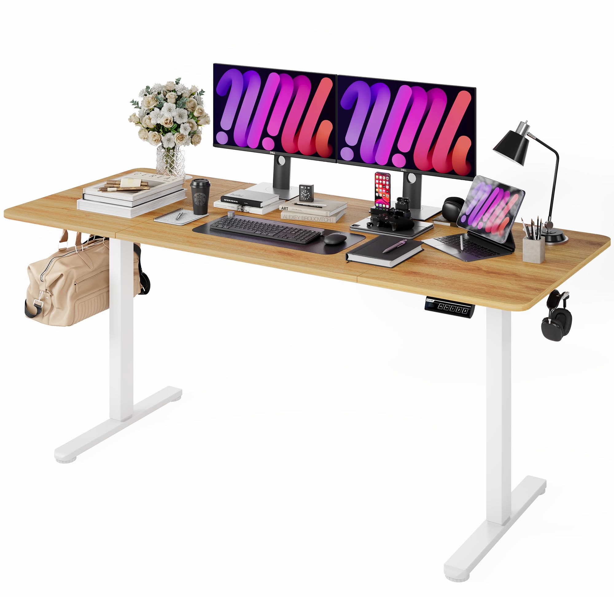 Monomi Electric Height Adjustable Standing Desk, 48x24 Inches, Ergonomic Home Office Sit/Stand Up Desk with Two-Piece Desktop (Black Steel Frame/Rustic Brown Top)