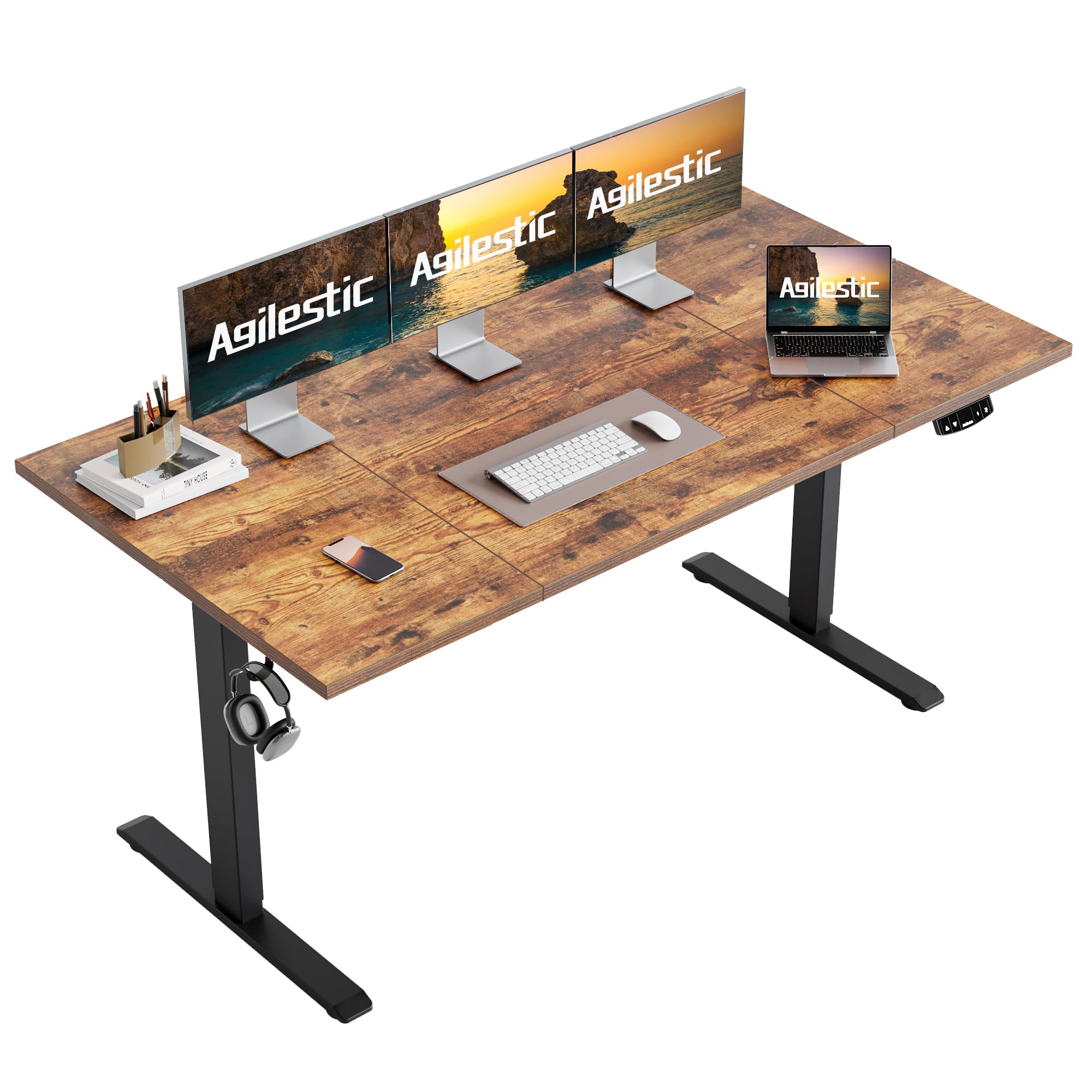 Agilestic Electric Standing Desk, 63 x 24 Inches Height Adjustable Desk, Sit Stand up Desk for Work Office Home, Splice Board, Rustic Brown