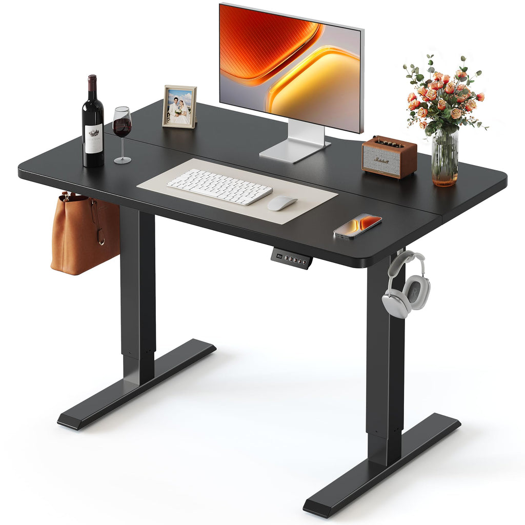 FEZIBO Standing Desk, 48 × 24 Inches Electric Height Adjustable, Sit and Stand Up, Computer Office Desk with Splice Board, White Frame/Maple TOP