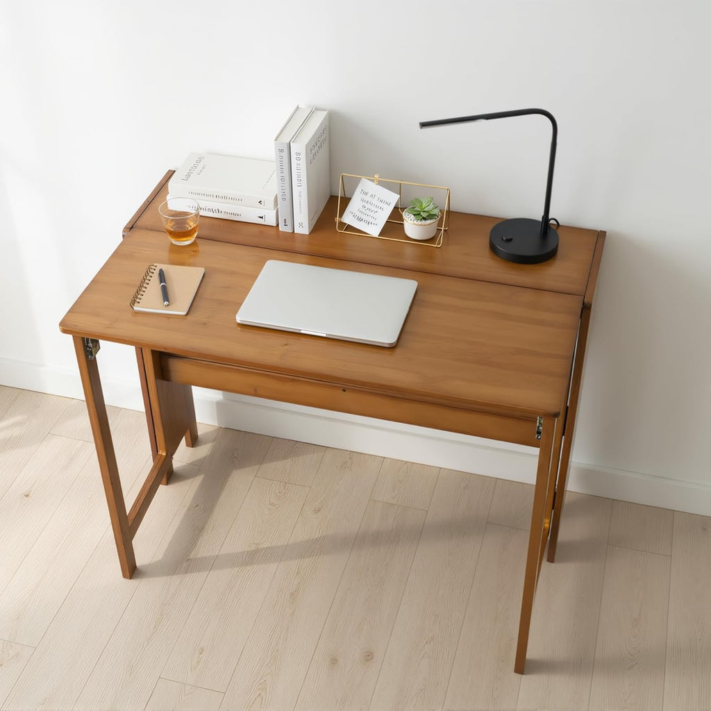 Wood Foldable Desk,Space Saving Foldable Table Bamboo Folding Desk Study Table with Bookshelf for Office Home Study Bedroom