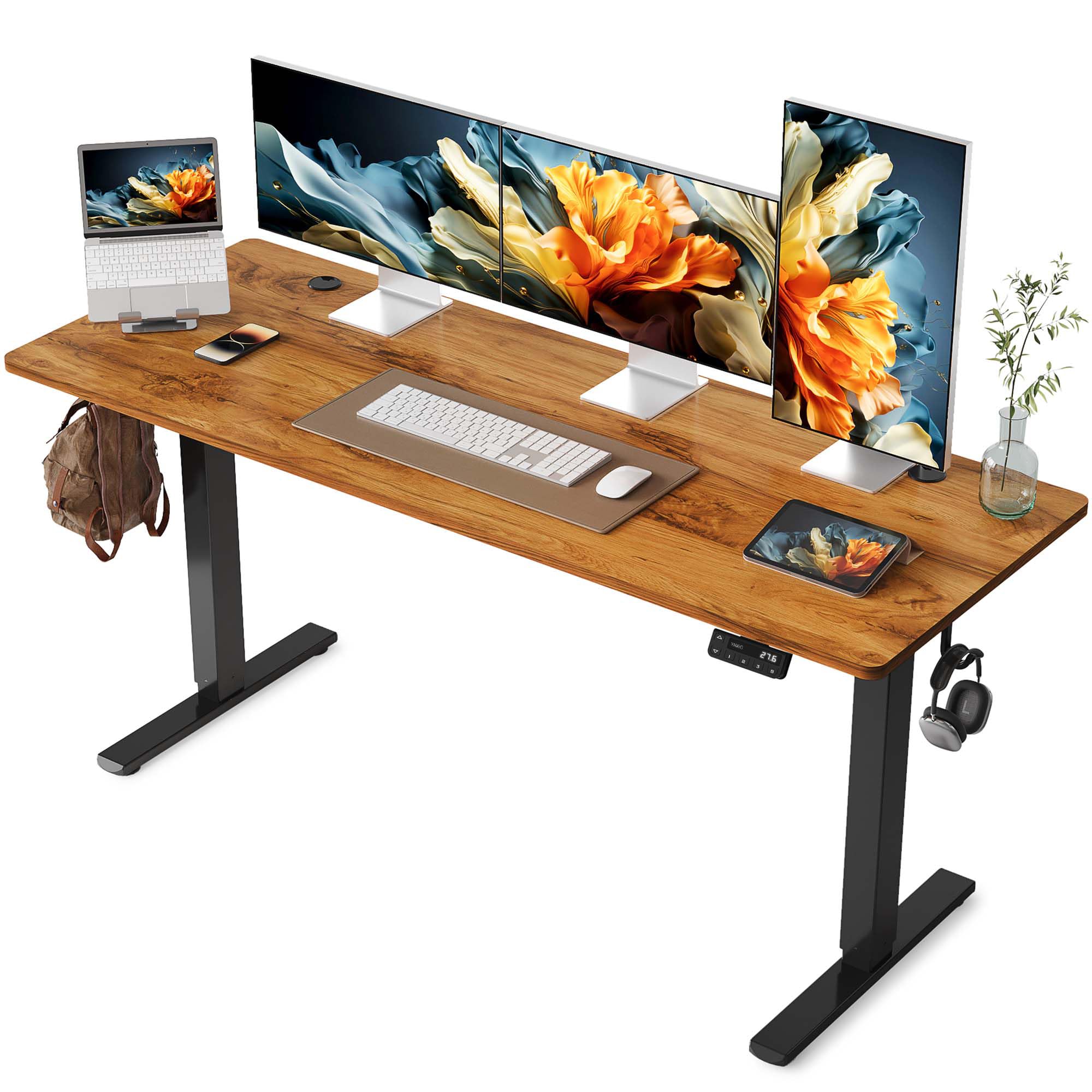 YIHAYO Electric Standing Desk, 48 x 24 Inches Stand Up Desk with Splice Board, Adjustable Height Desk, Computer Desk for Home Office, Black Frame/Rustic Brown Top
