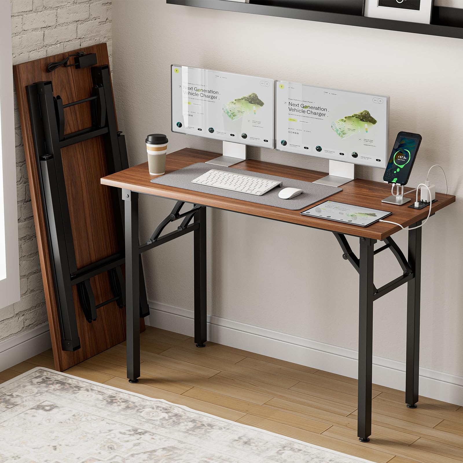 Frylr Small Folding Computer Desk – 35.8 Inch Portable Table for Craft and Study, Lightweight Desk for Small Spaces, Foldable Laptop Table Built-in AC/USB Outlets for Convenience, Dark Walnut