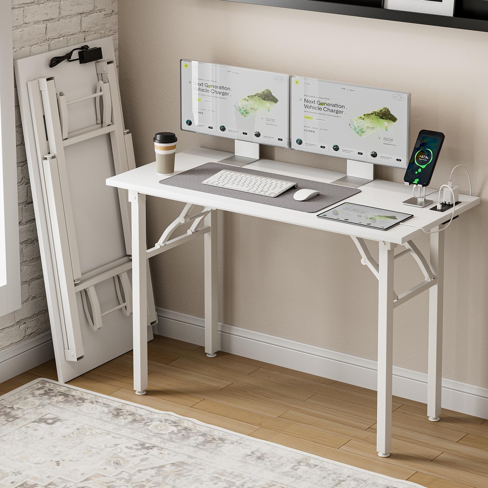 Frylr Small Folding Computer Desk – 35.8 Inch Portable Table for Craft and Study, Lightweight Desk for Small Spaces, Foldable Laptop Table Built-in AC/USB Outlets for Convenience, Dark Walnut