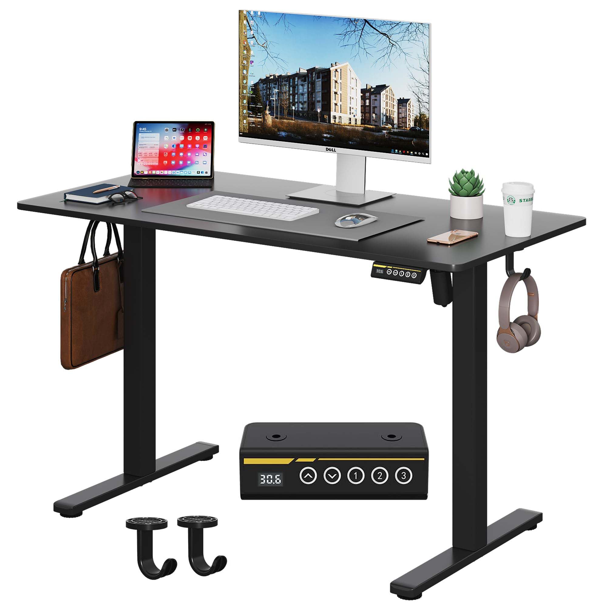 Electric Standing Desk,48x24 Inches Adjustable Height Stand up Desk, Sit Stand Home Office Desk with Splice Board, 3 Preset Heights,Equipped with Hooks,Ergonomic Computer Workstation，Brown
