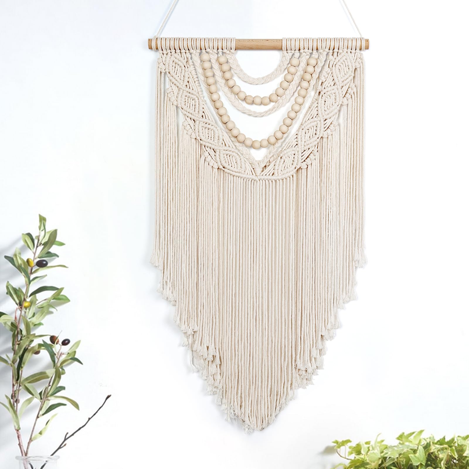 LOMOHOO Macrame Wall Hanging Boho Handmade Geometric Woven Tapestry Bohemian Wall Art Decor with Chic Wooden Beads Home Decor for Bedroom Living Room Apartment Dorm Gallery Wedding 16.5"x30"